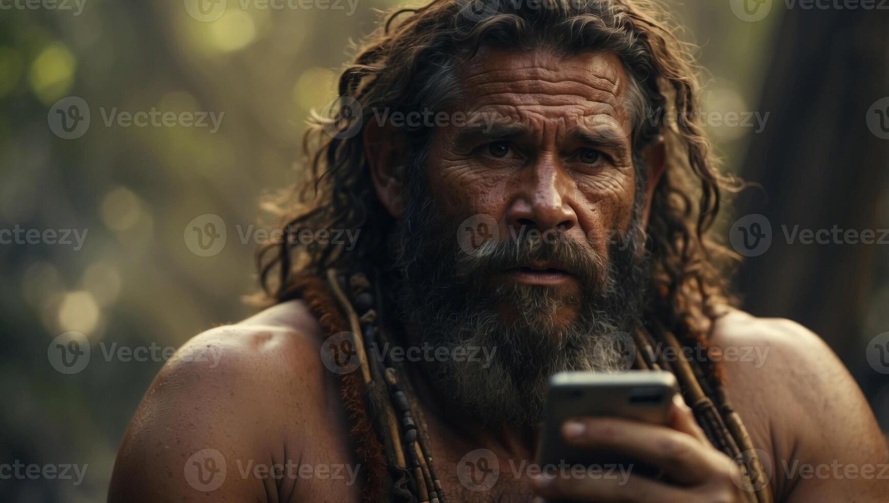 Primitive man embracing technology caveman with smartphone, symbolizing development and innovation. photo