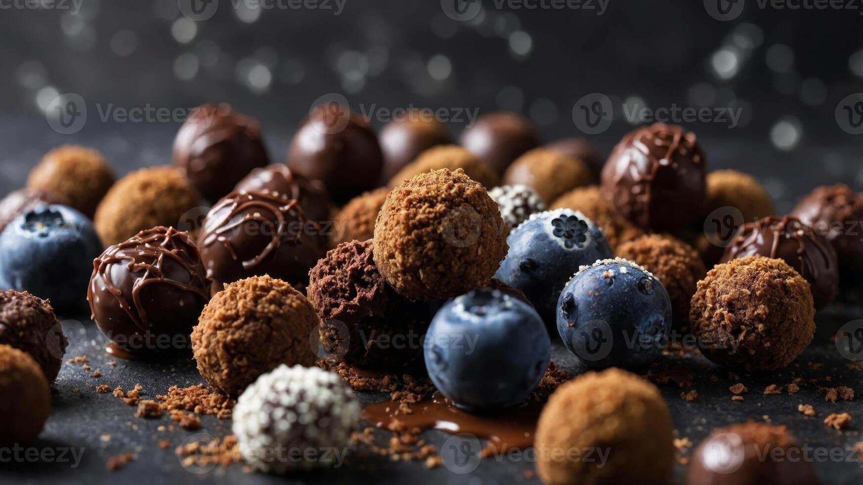 A delectable assortment of chocolate truffles in various flavors and coatings, beautifully arranged with fresh blueberries and sprinkled crumbs. photo