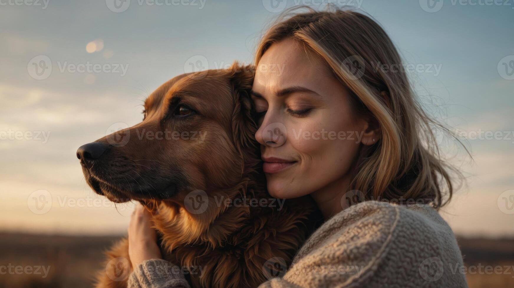 A woman embraces her loyal companion, a majestic brown dog of a specific breed, in a heartwarming display of love and connection between human and pet. photo