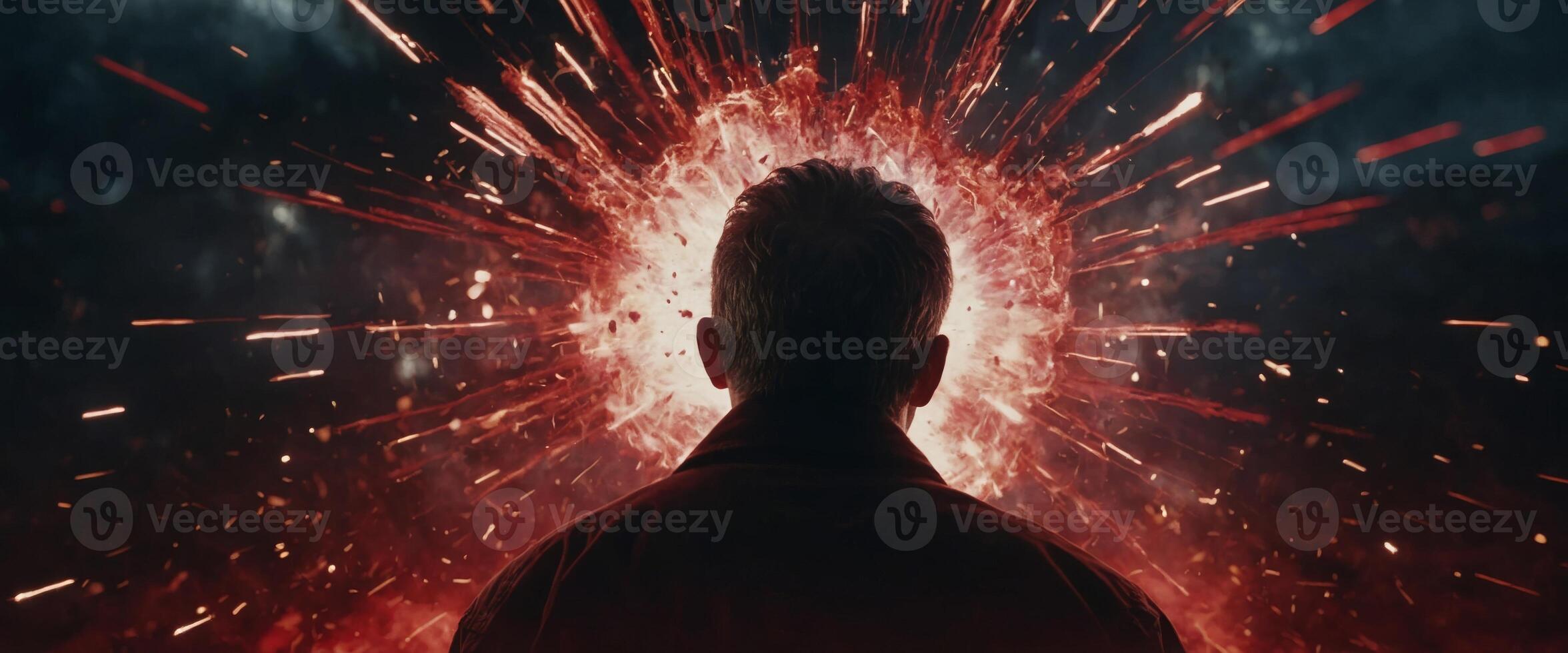 A depiction of a man's head exploding, featuring a central area filled with red hues and surrounded by white on the periphery. photo