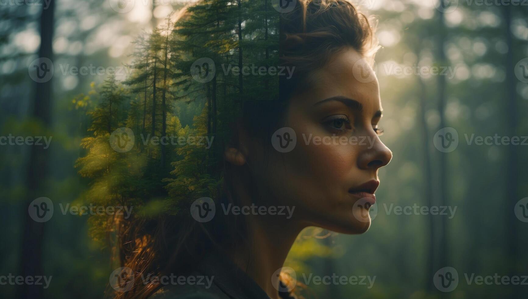Double exposure of a woman's head with forest landscape in the background. photo