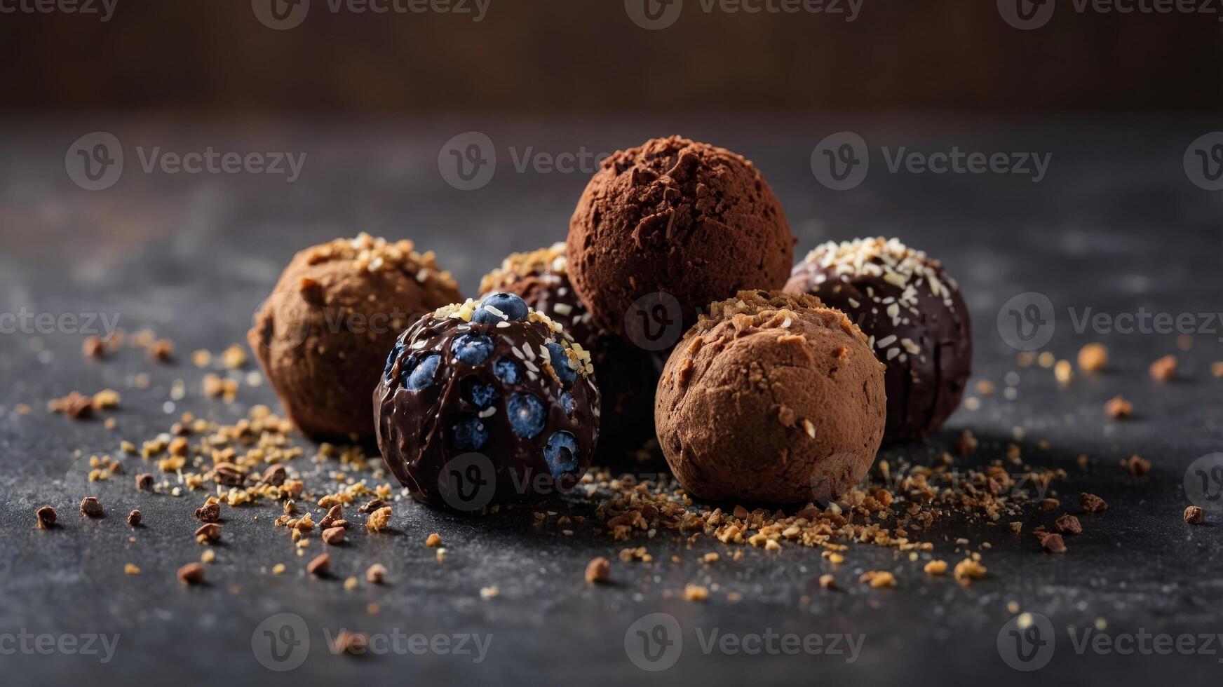 A delectable assortment of chocolate truffles in various flavors and coatings, beautifully arranged with fresh blueberries and sprinkled crumbs. photo