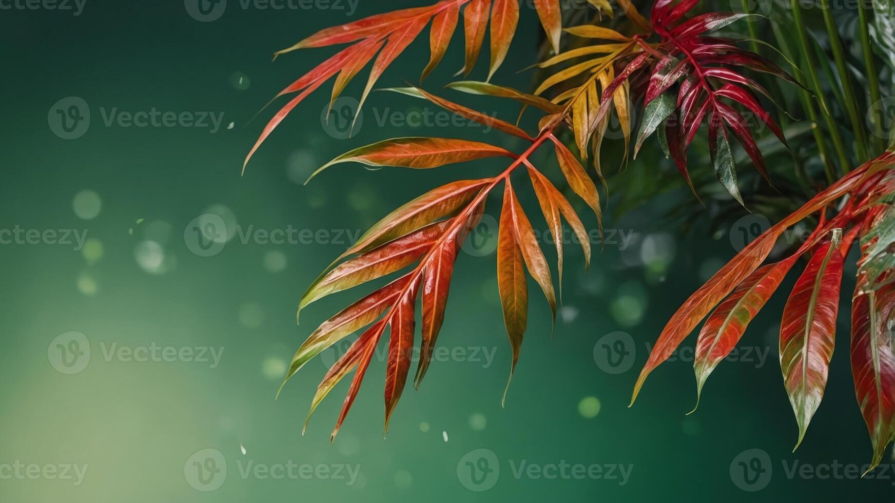 Colorful tropical leaves on green background Exotic border arrangement with copy space. photo