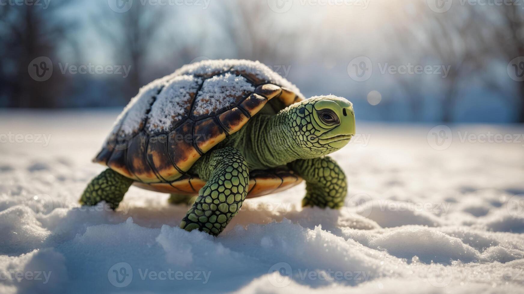 Children's plush toy, a turtle in the snow on a sunny day The concept of play, purity and sweetness. photo