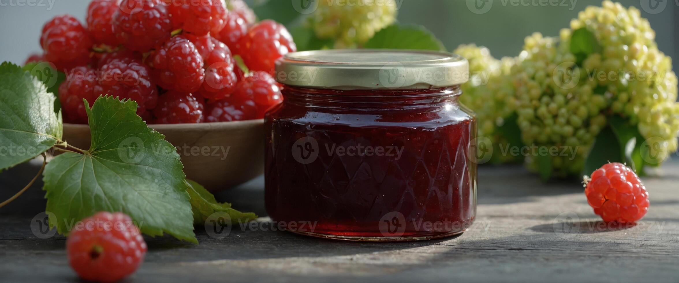Delicious viburnum jam with fresh berrieson white table. photo