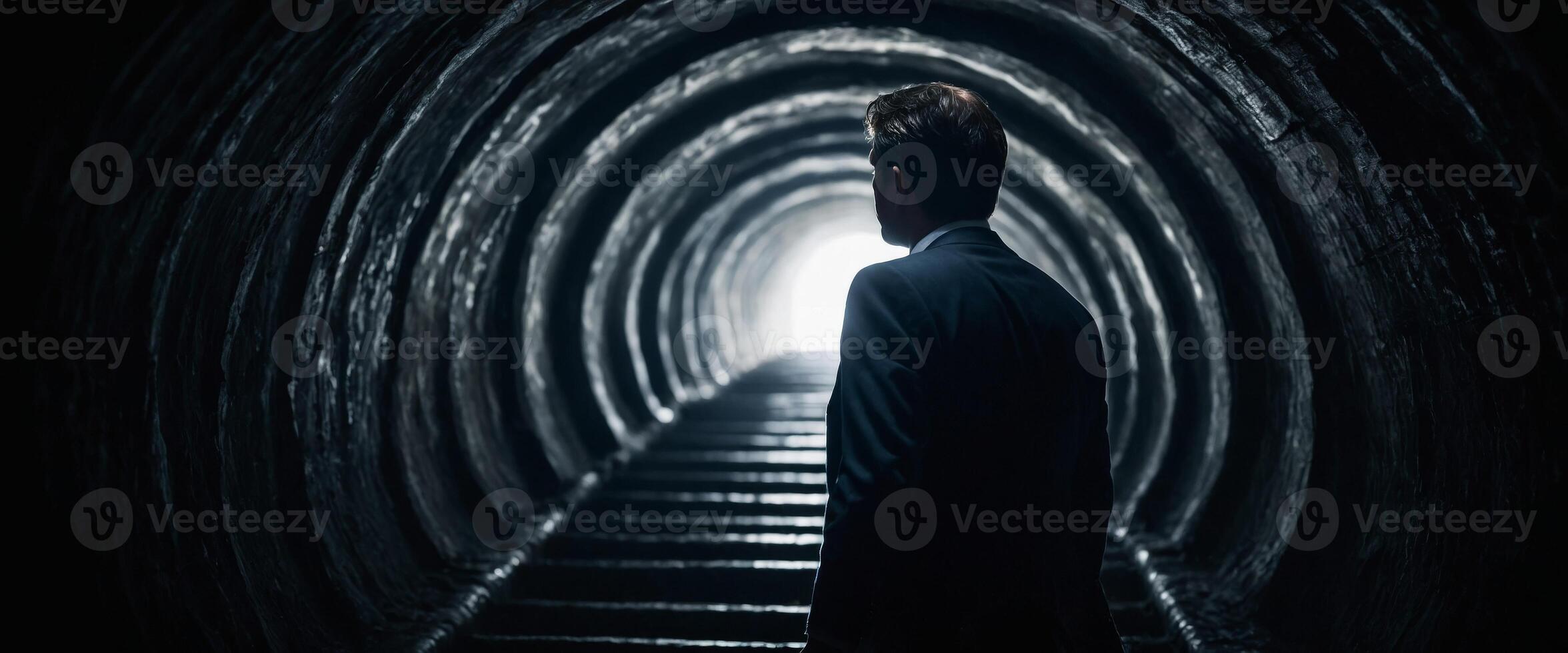 A businessman emerges from a dark tunnel into the light, signifying perseverance, breakthrough, and the journey towards success despite challenges. photo