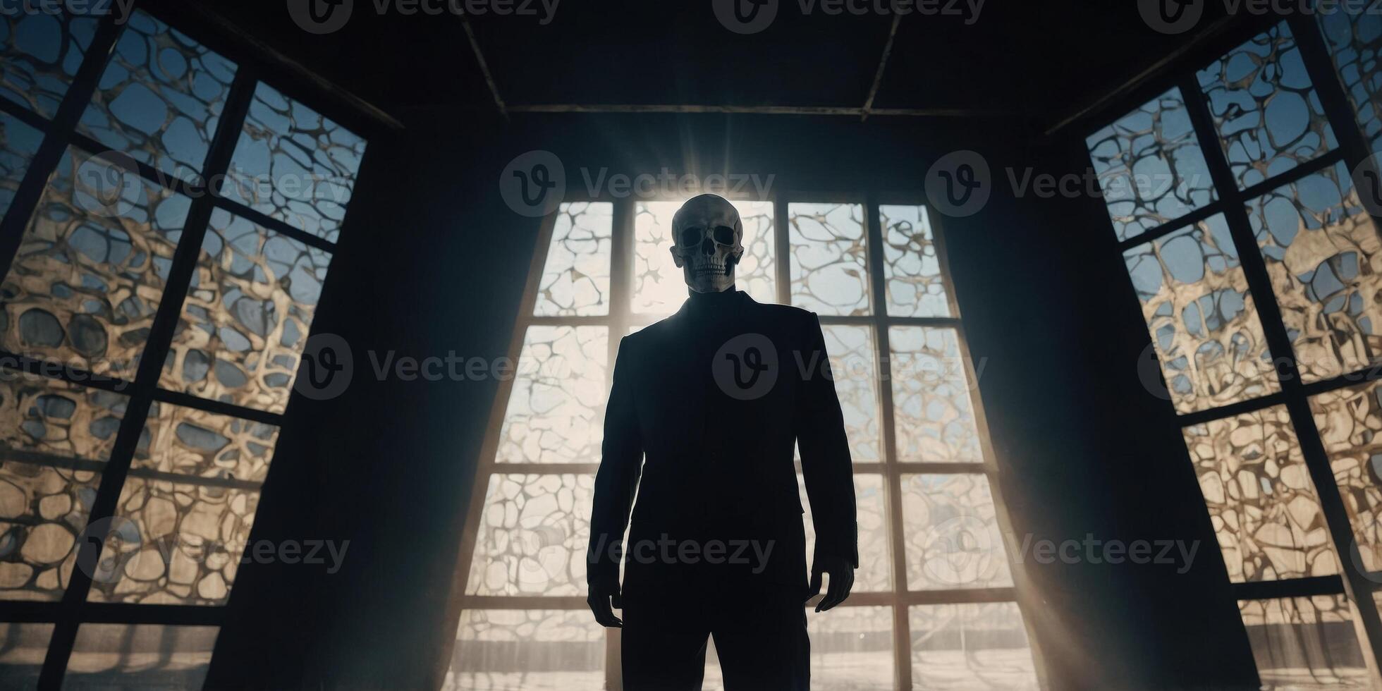 Human silhouette with a skeleton superimposed, creating a captivating interplay of light and shadow, perfect for themes of identity, anatomy, and art. photo