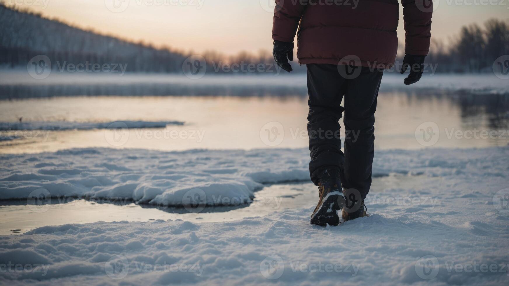 A person standing in a snowcovered field taking a deep breath as they brace themselves to step into a freezing cold lake. photo