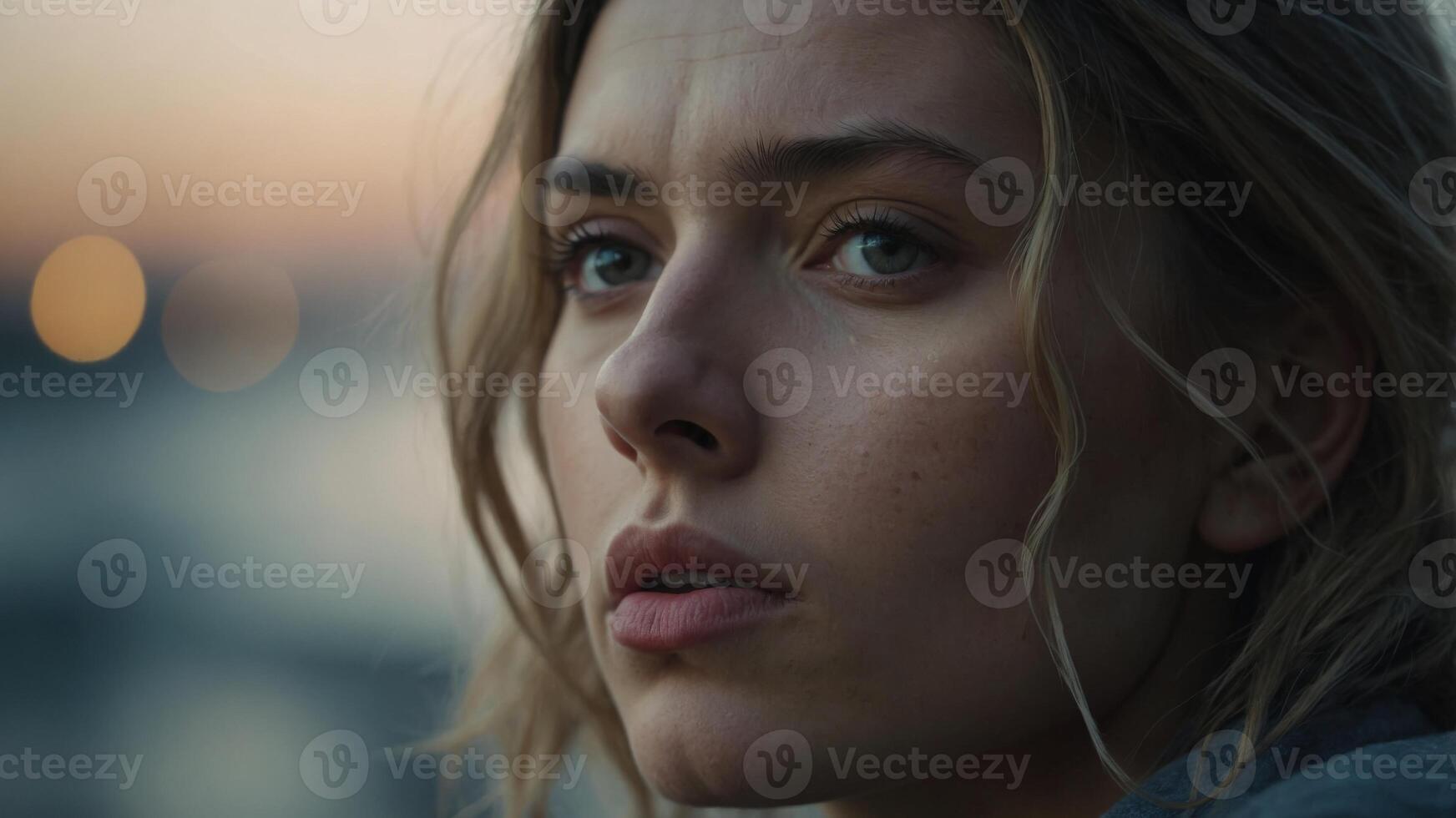 Mesmerizing Portrayal of a Contemplative and Emotive Young Woman's Expressive Face and Tousled. photo