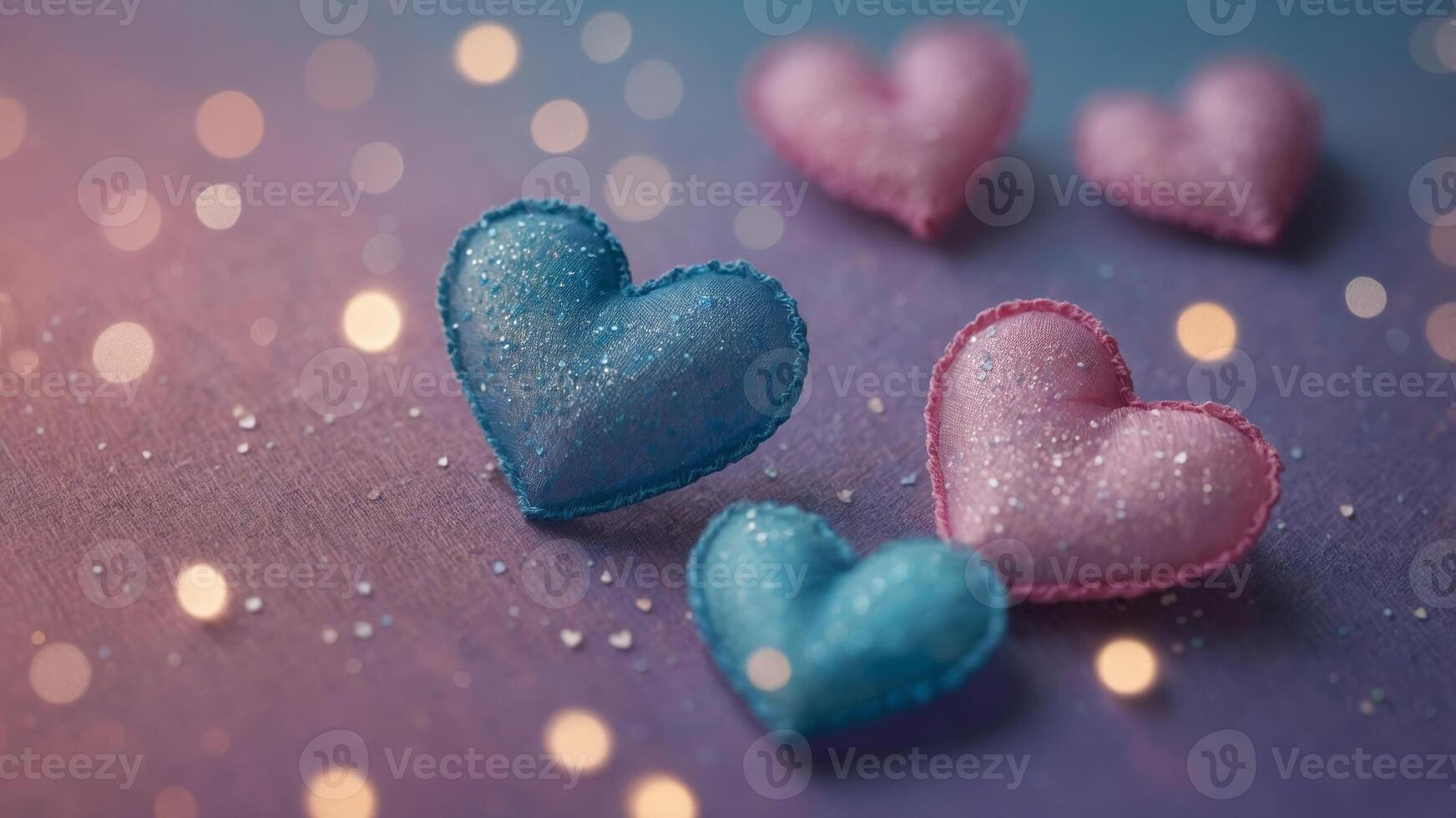 Hearts in pastel pink, blue and purple on tulle background with bokeh lighting Concept of love, romance and Valentine's Day. photo