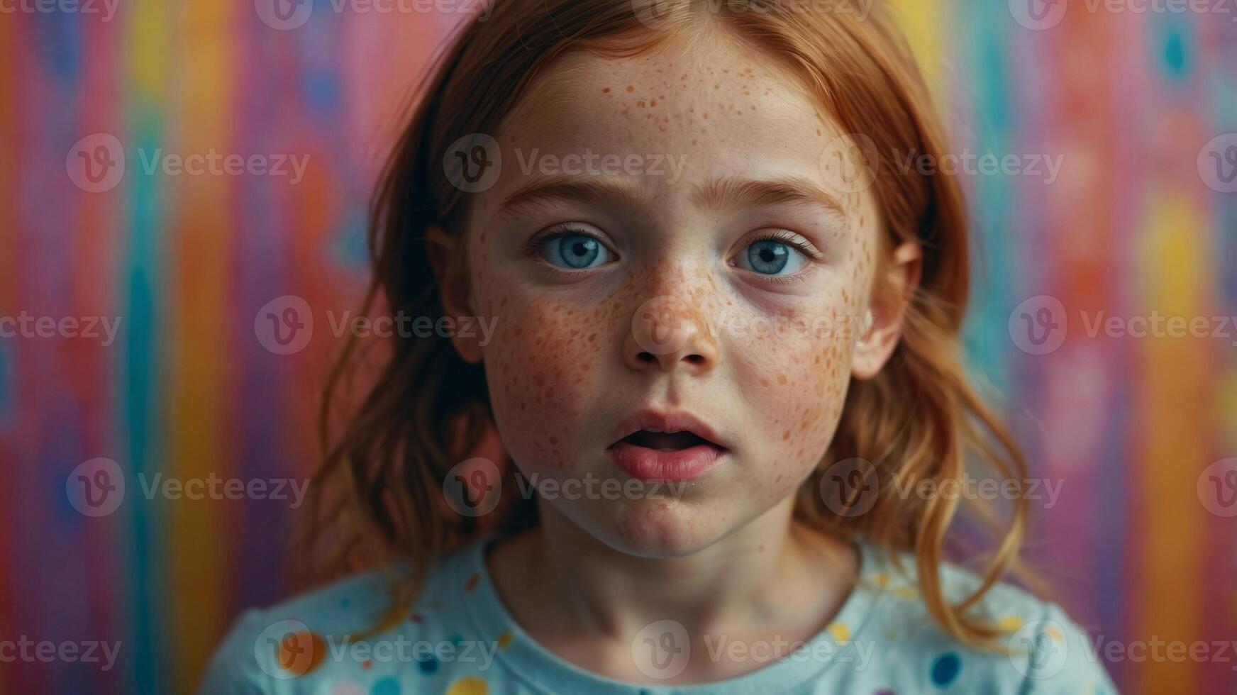 Little funny girl freckles on face at surprise on face on colorful abstract background. photo