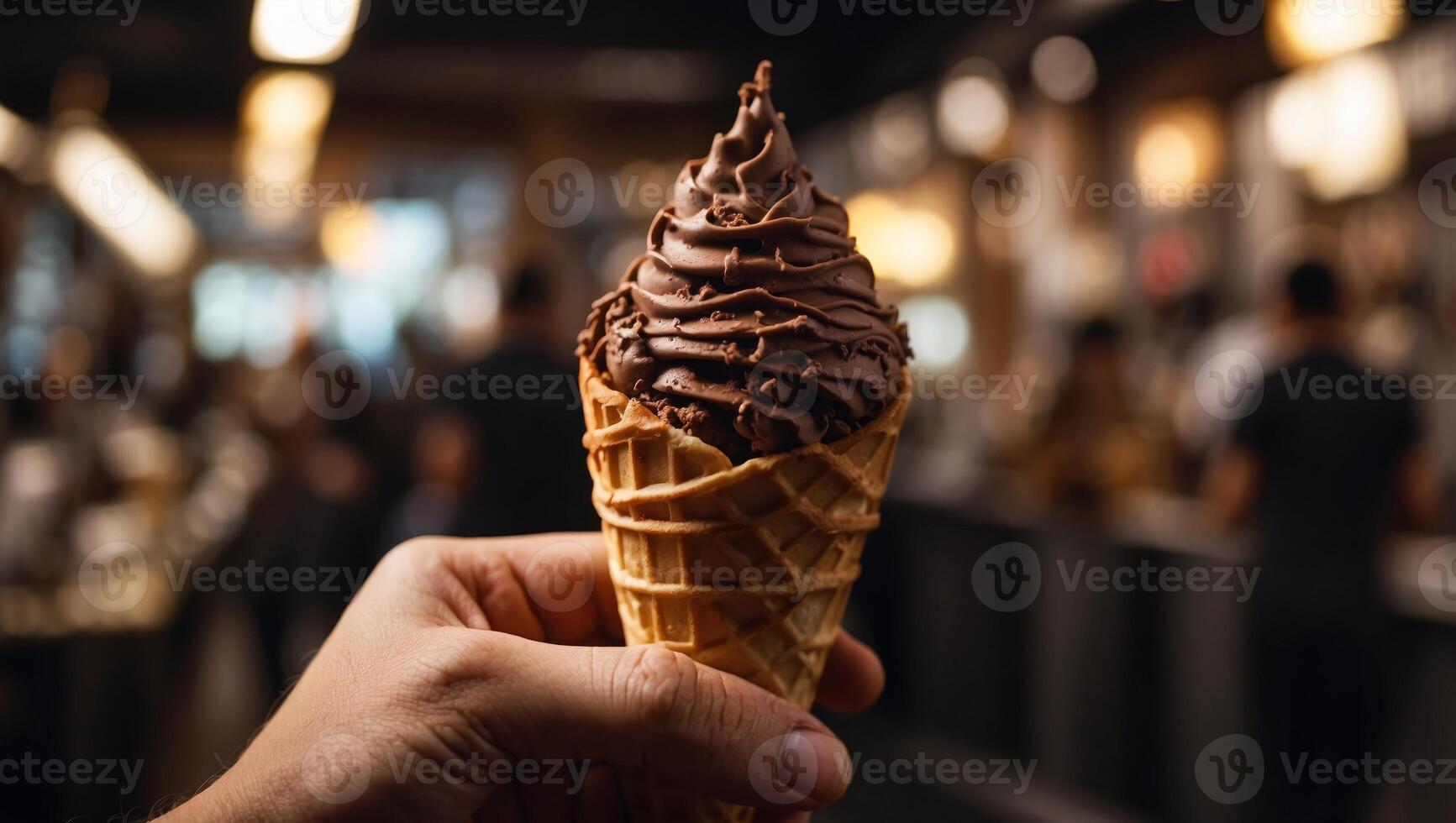 Person hand holds chocolate ice cream in a waffle cone. photo