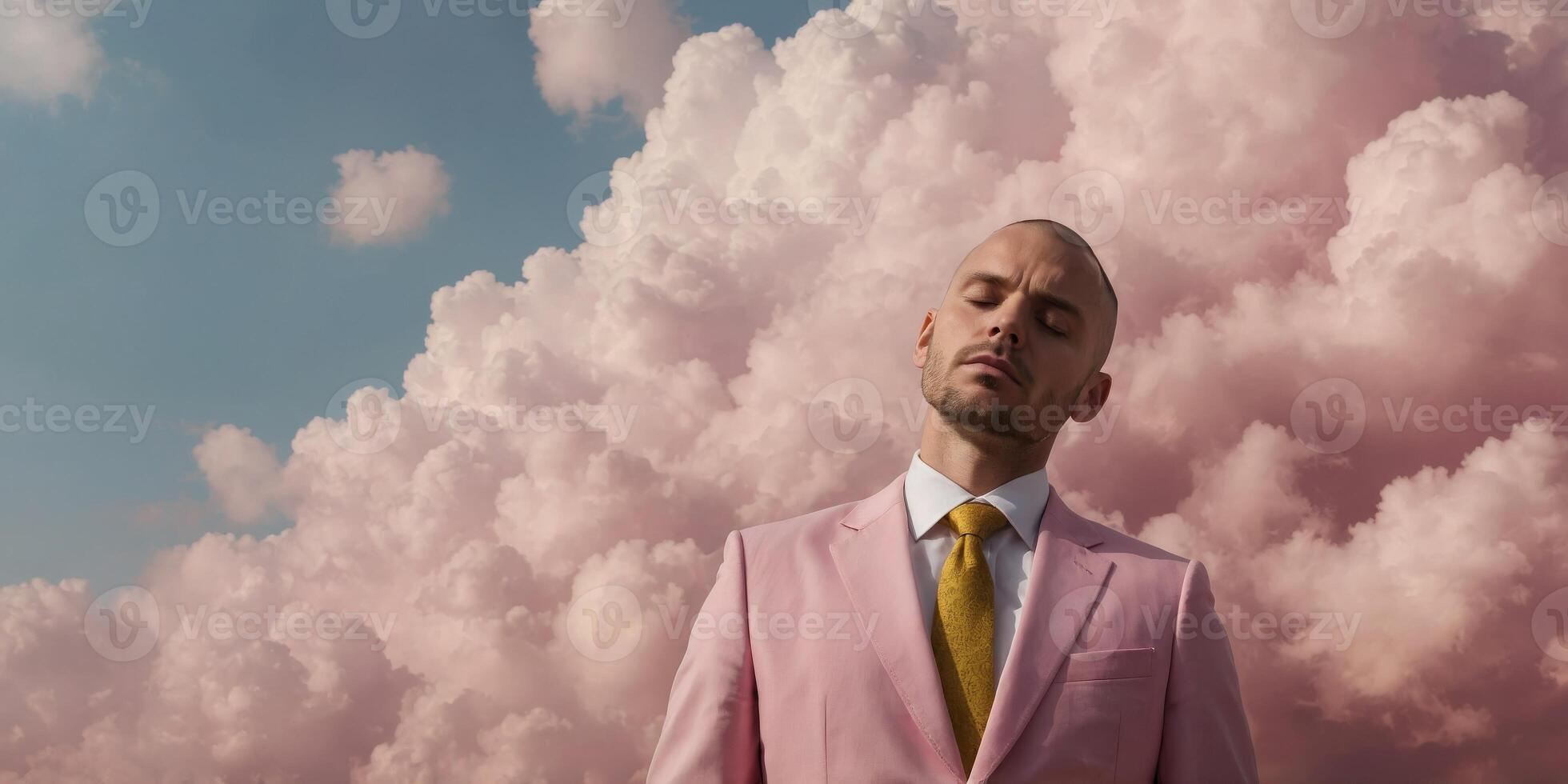 A man in a pink suit with his head in a yellow cloud. photo