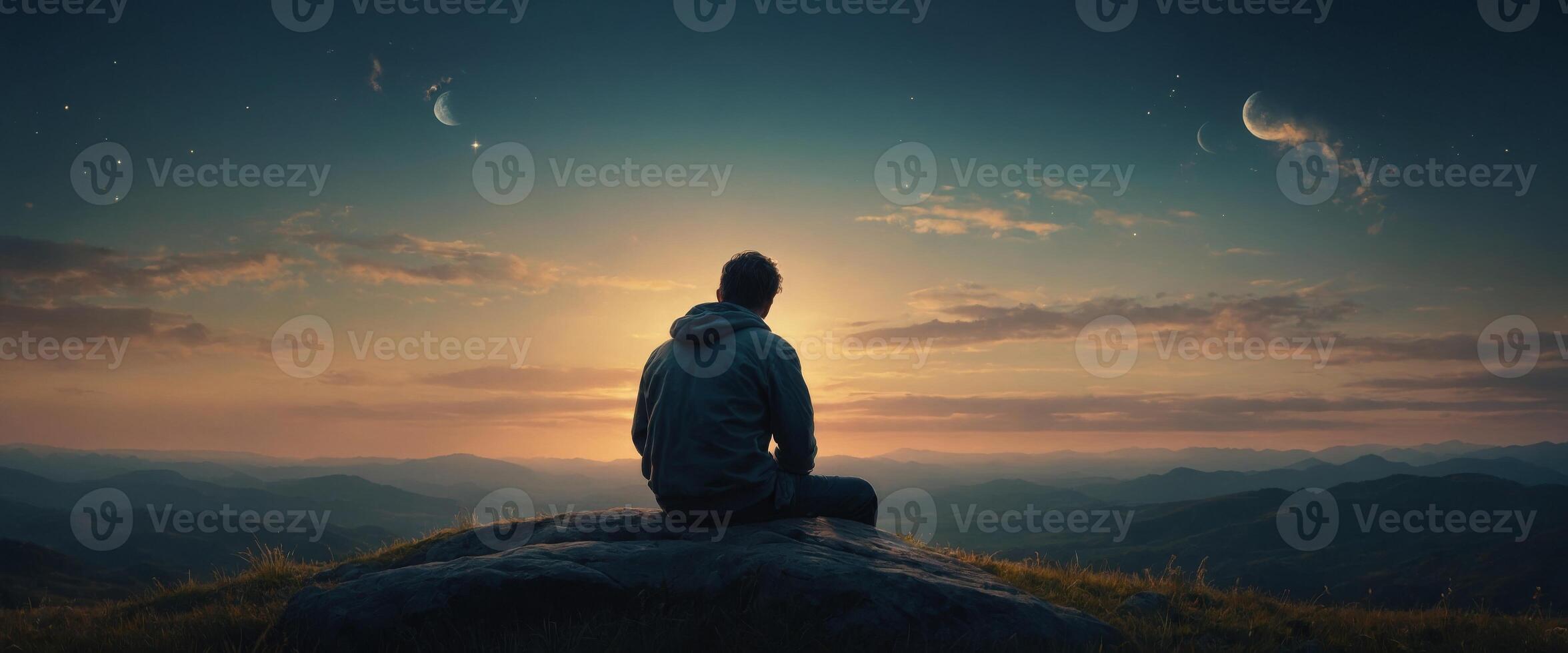 A dreamlike 2D illustration portraying a person lost in thought, symbolizing imagination, ideas, and knowledge. photo