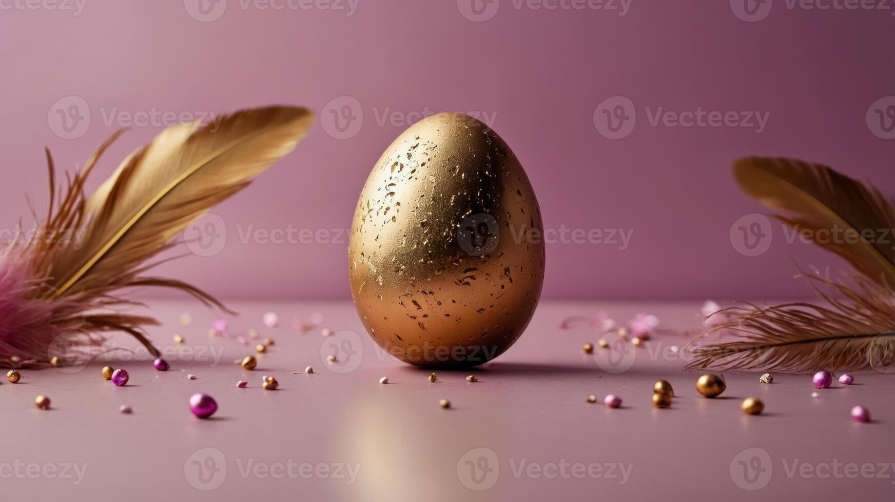 Creative arrangement made of golden egg and purple feather on a pink background Minimal Easter concept. photo