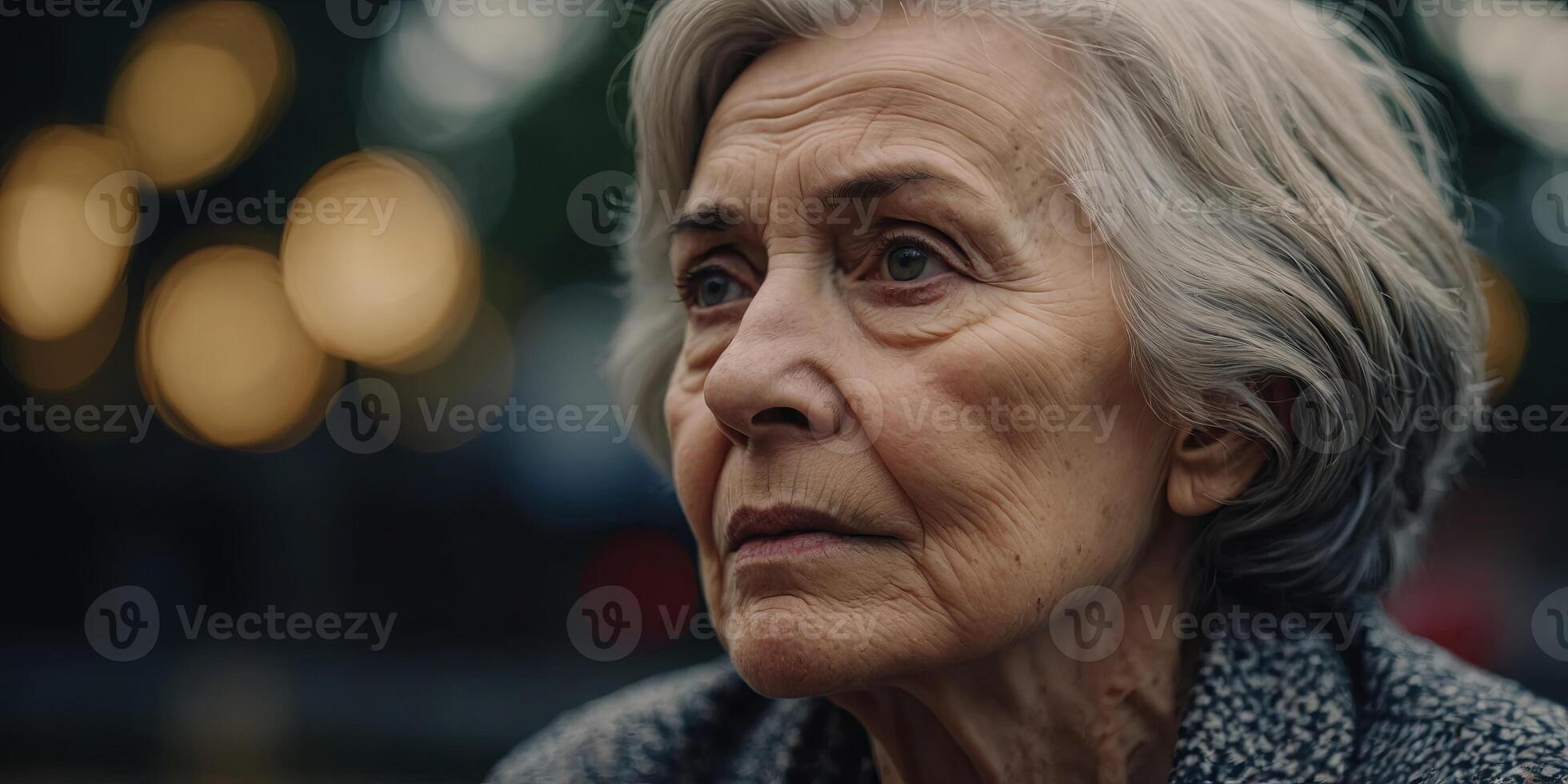 older woman with a contemplative expression, her wise eyes gazing into the distance as she reflects on a lifetime of memories. photo