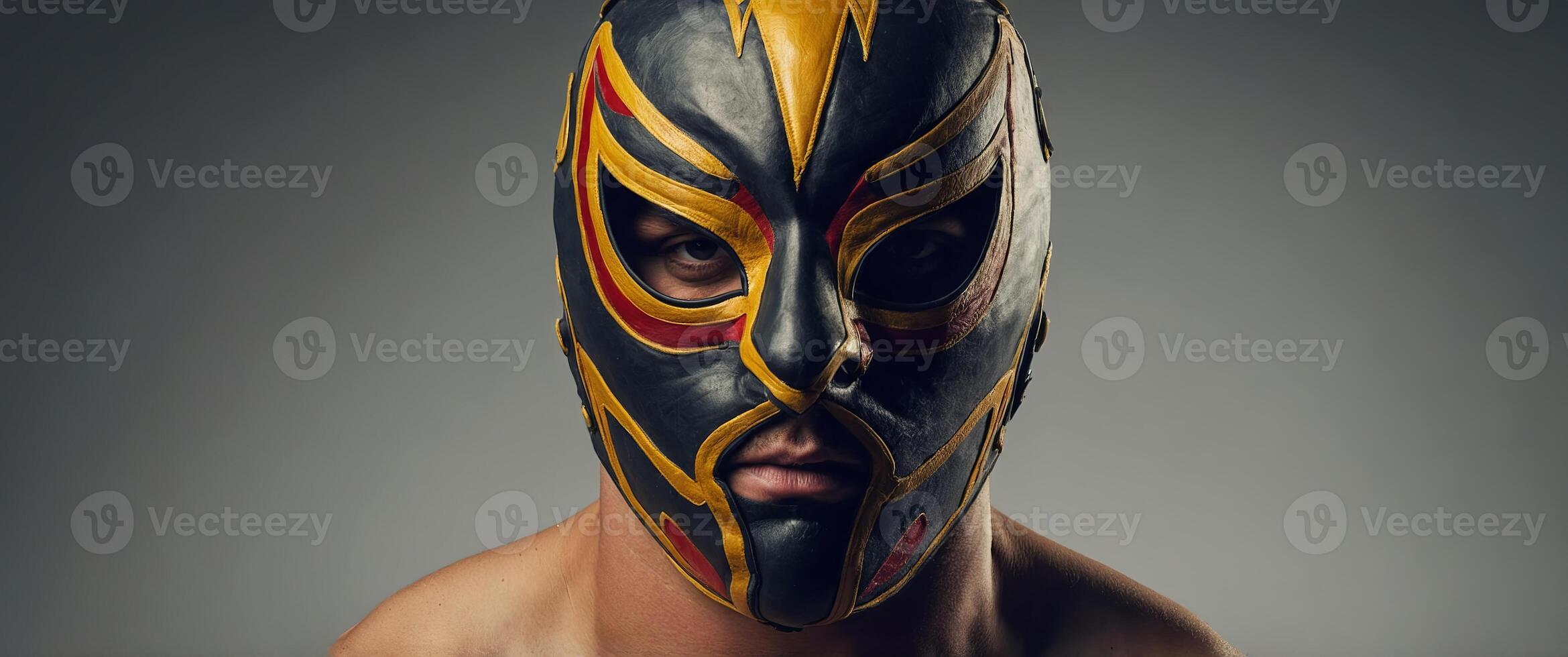 Luchador in mask on gray background Lucha Libre wrestling mask Cinco De Mayo holiday, celebration Mexican culture concept Design for banner, header with copy space. photo