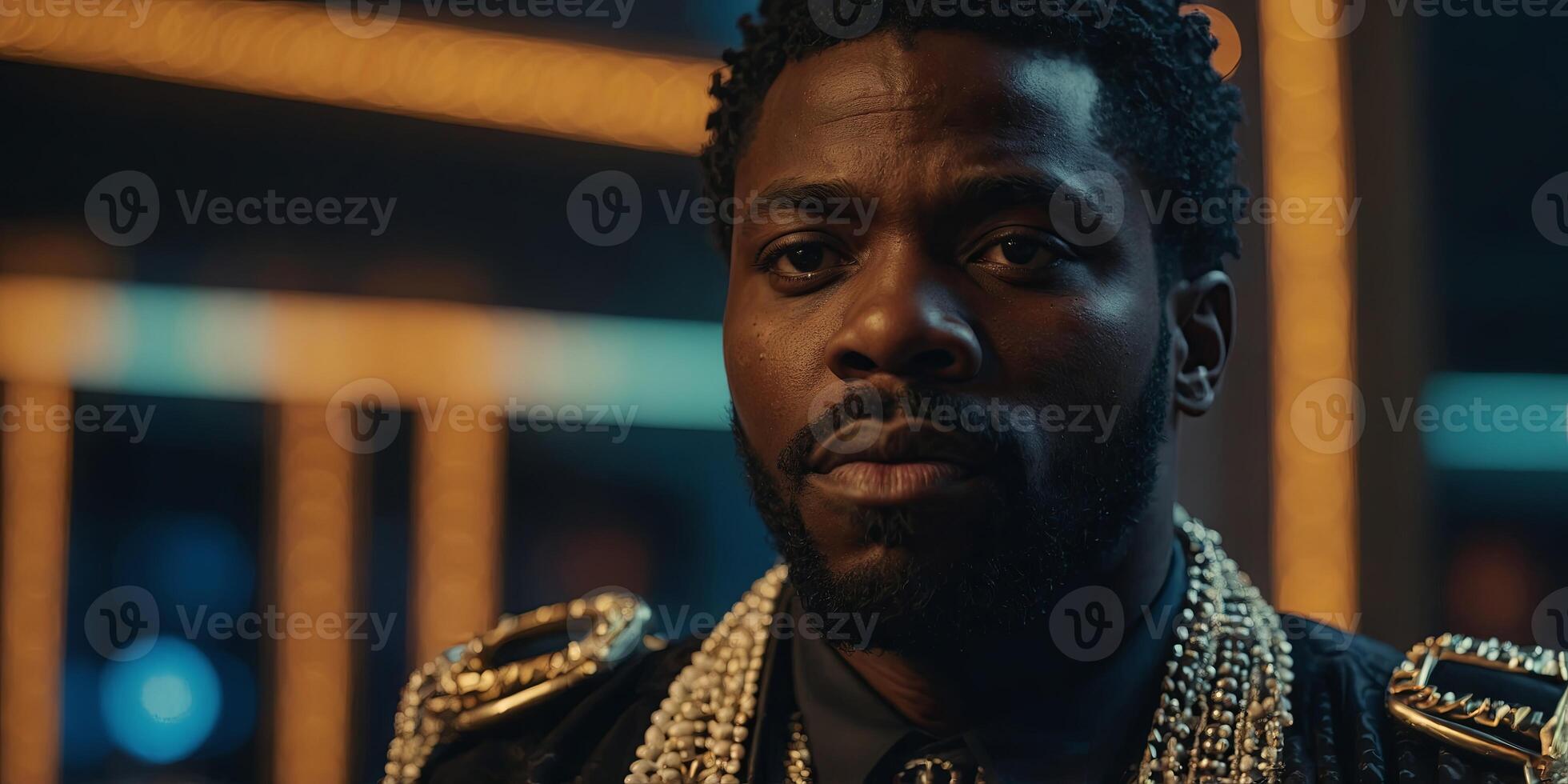 portrayal of black man in vivid attire and accessories. photo