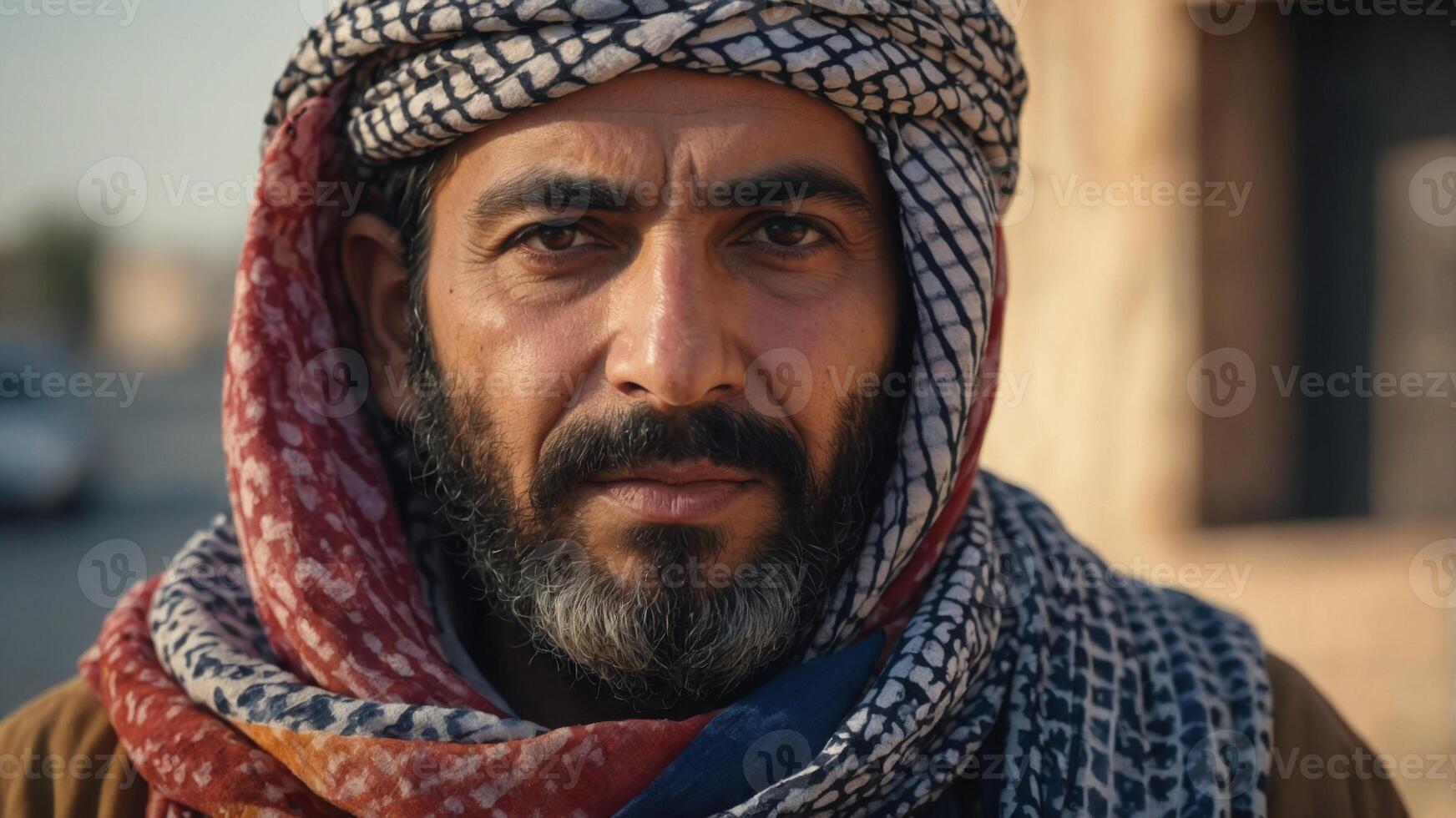 Middle Eastern Man with Colorful Keffiyeh Watercolor. photo
