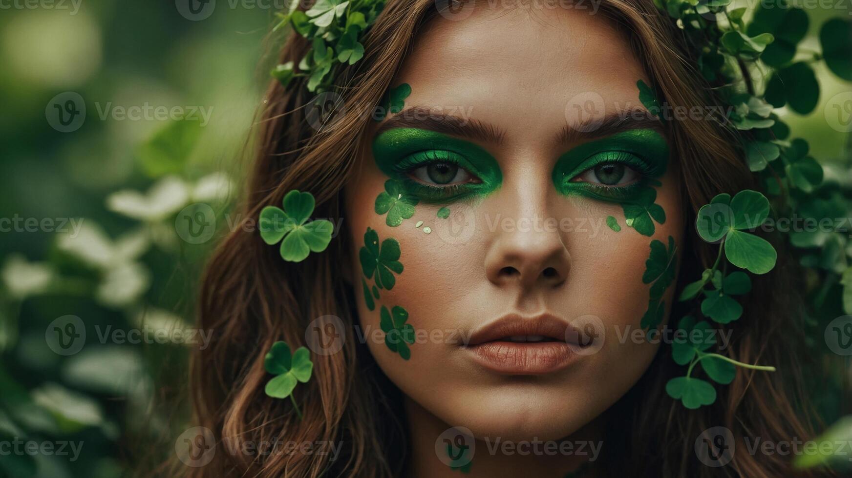 Close-up shot of a model with green clover leaf motifs and vivid makeup, blending fashion with nature themes. photo