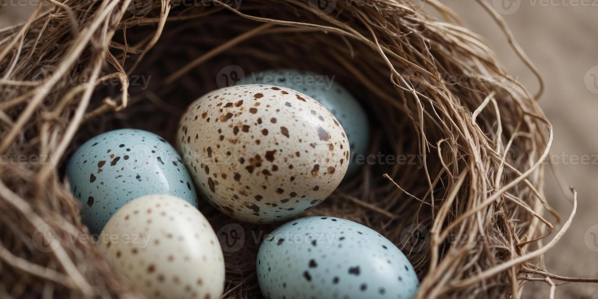 Close-up of speckled bird eggs in a nest. photo