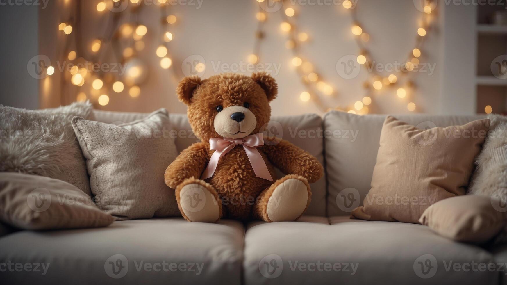 Beautiful festive background with toy Teddy bear sitting with cushions and a garland on the couch. photo
