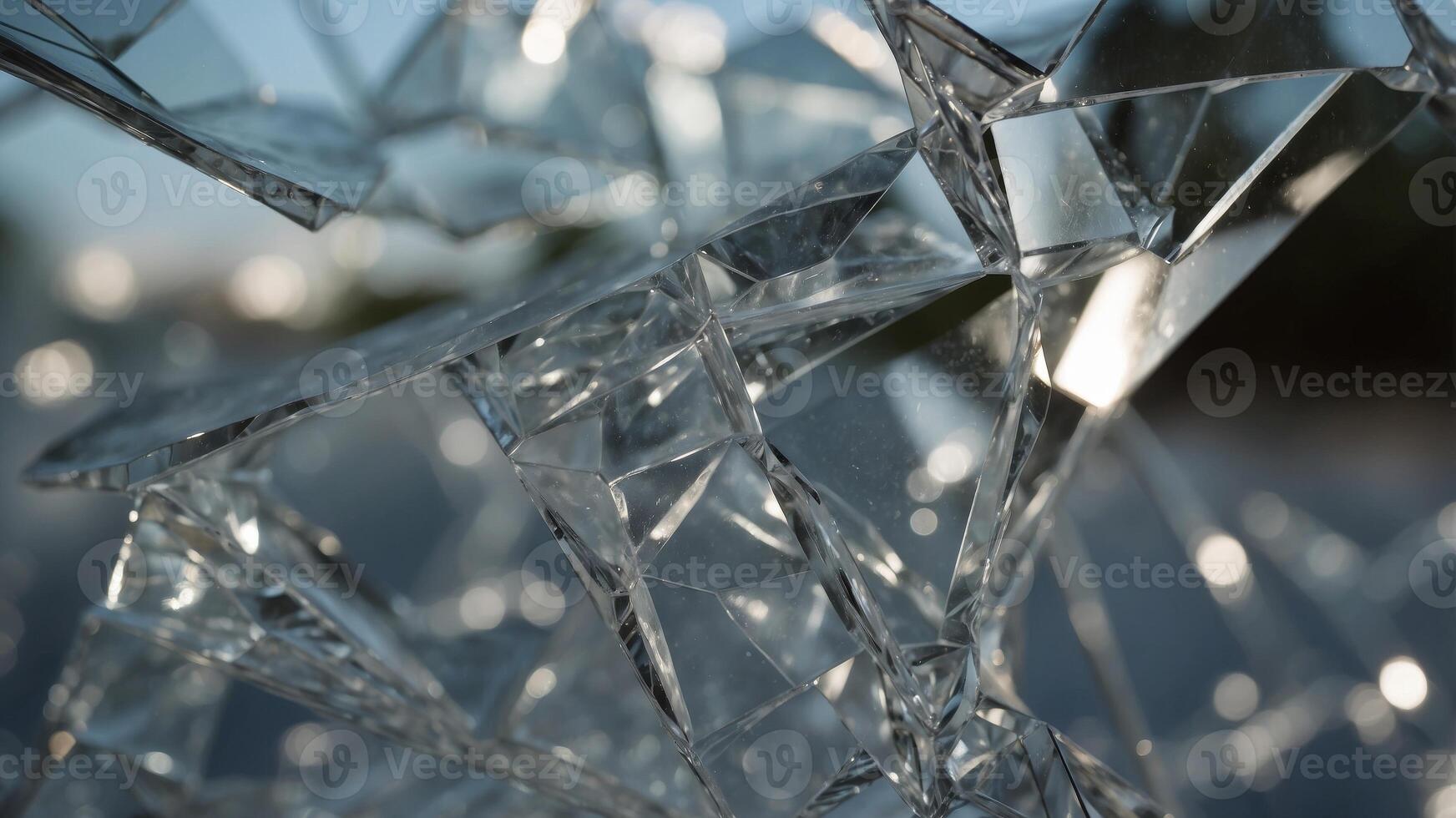 A close-up of a shattered glass surface with jagged edges. photo