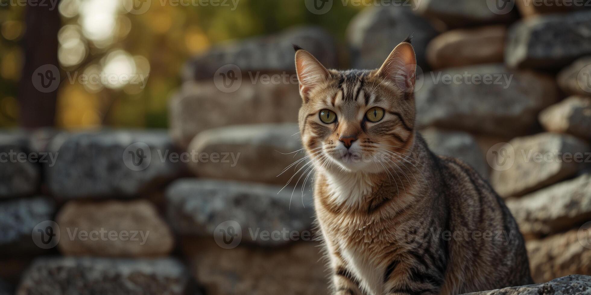 A Tabby Cat Posing in Front of a Stone Wall. photo