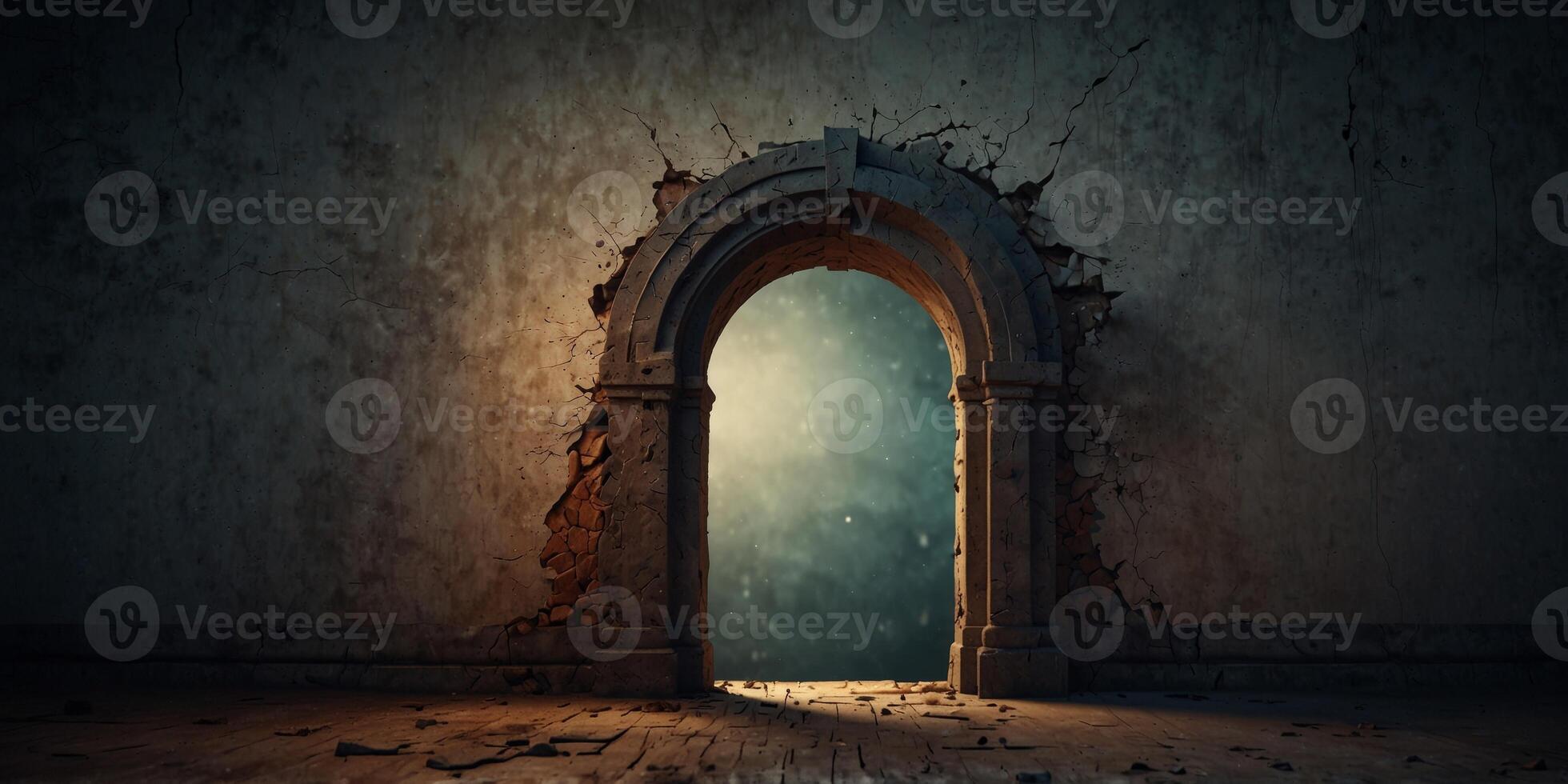 A cracked wall with an archway leading to a mysterious space. photo