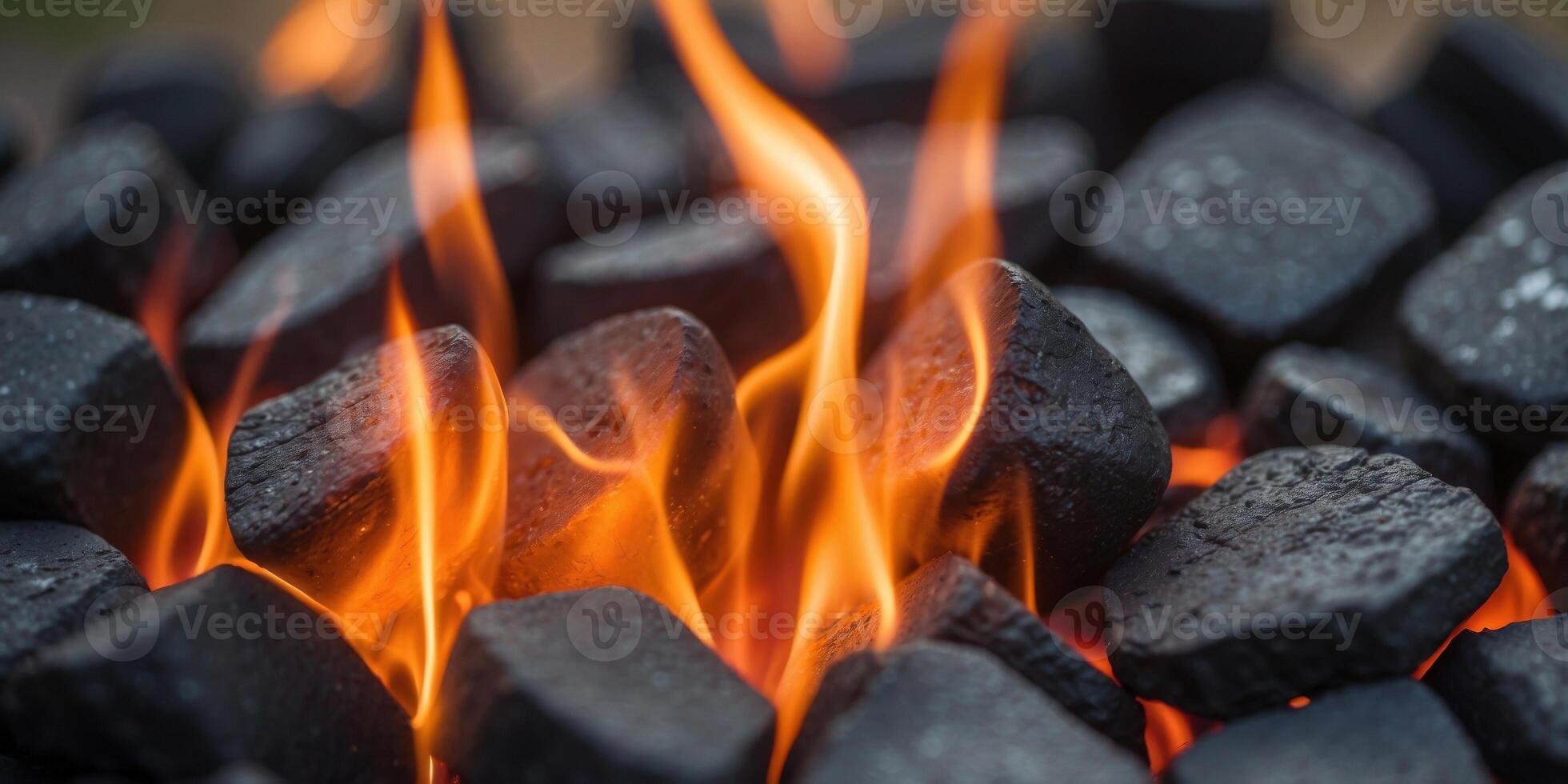 Burning charcoal briquettes glow with orange and blue hues in a fire pit. photo