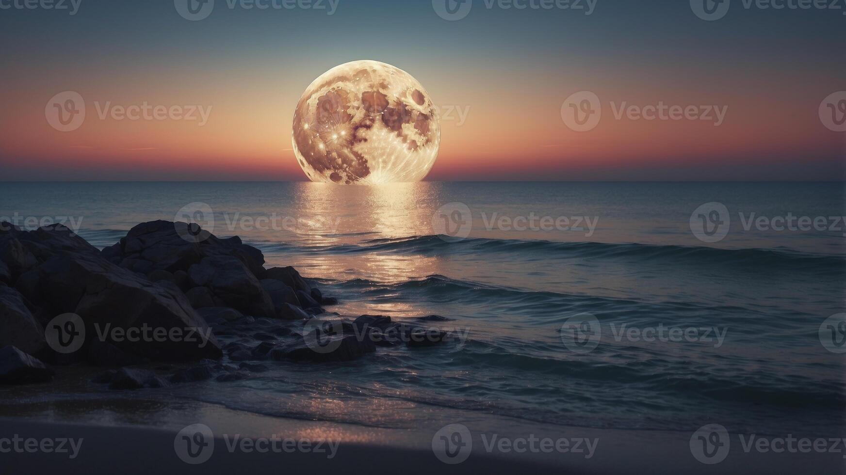 A serene digital landscape featuring a large moon over a tranquil sea at twilight. photo