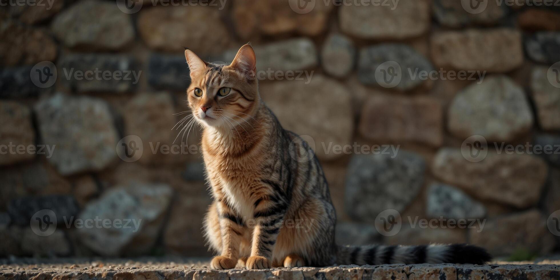 A Tabby Cat Posing in Front of a Stone Wall. photo
