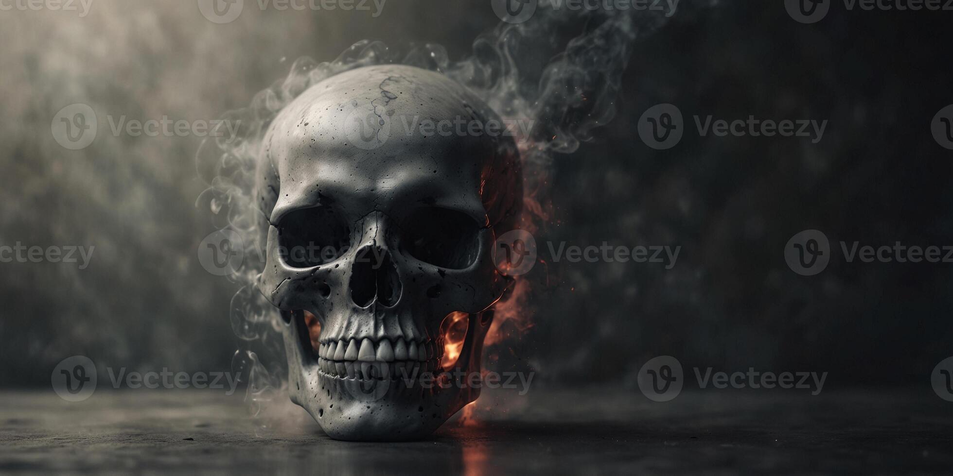 A sketch of a skull emitting substantial smoke from its bottom half. photo