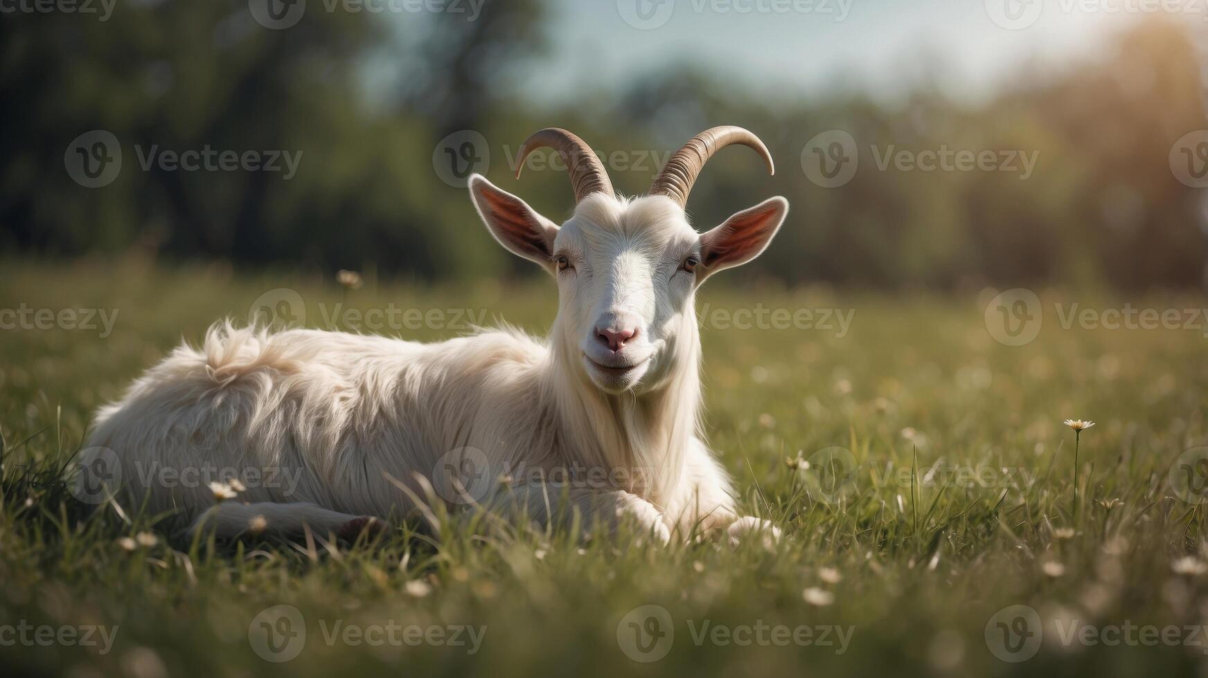 A Relaxed White Goat Resting in a Lush Meadow. photo