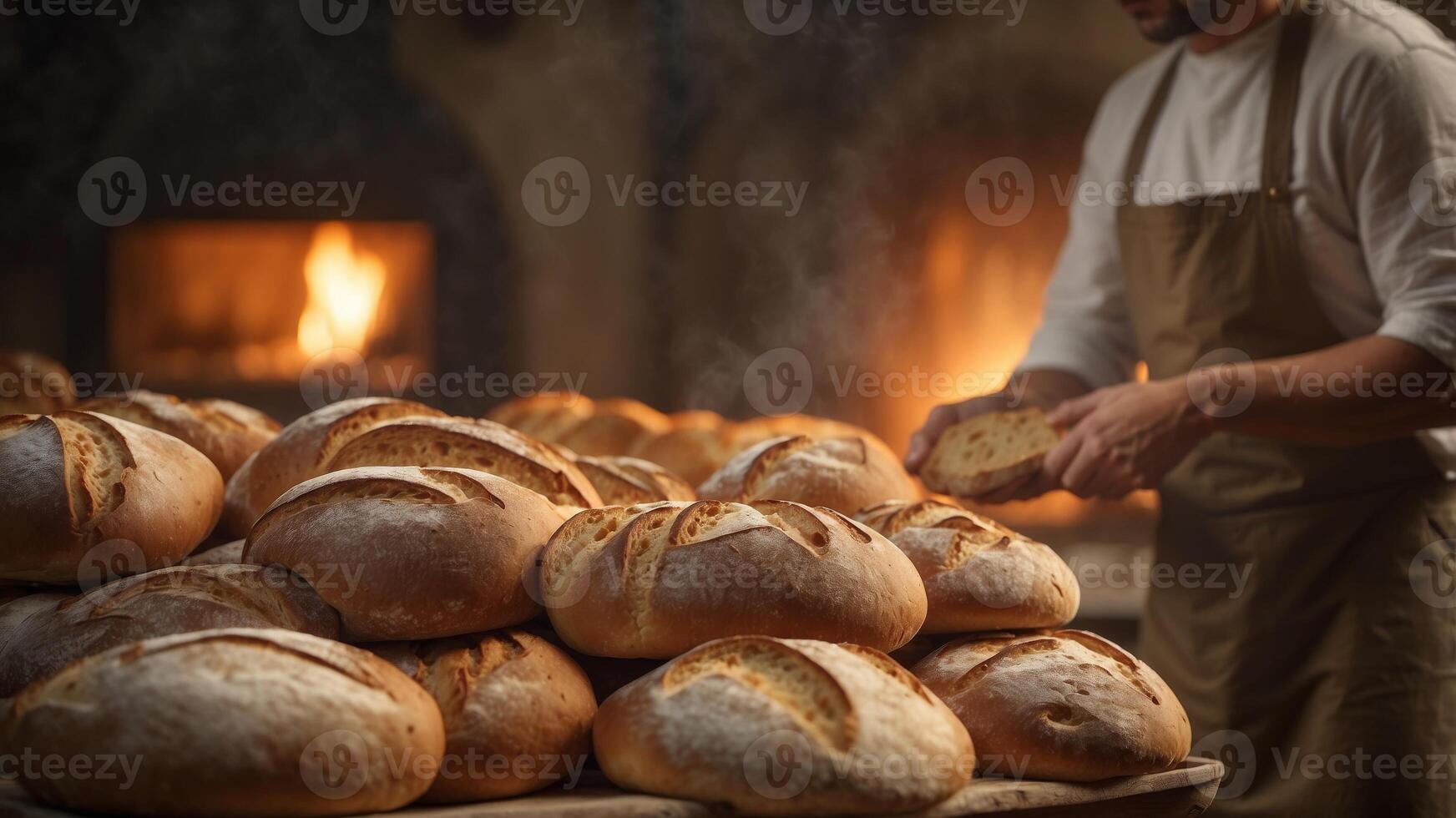 A rustic artisan bakery scene with a wood-fired oven glowing in the background a baker pulling out a tray of freshly baked sourdough breads. photo