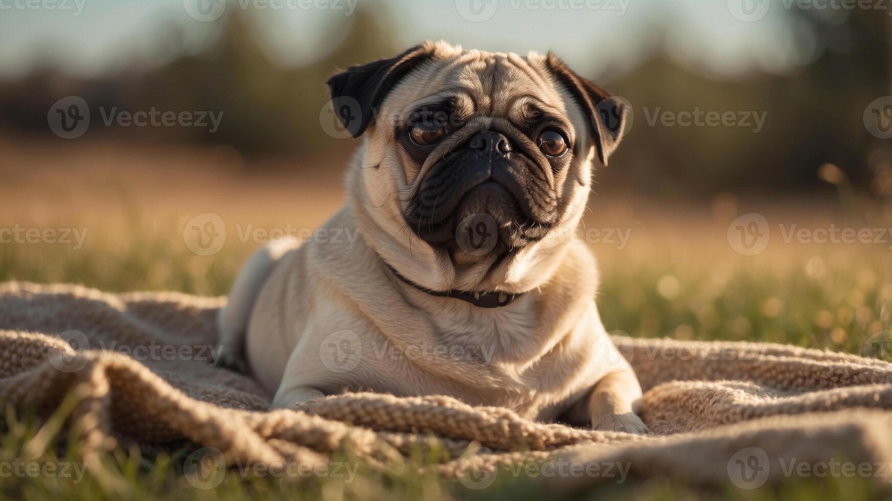A small pug rests atop a blanket in a sunlit grassy field. photo