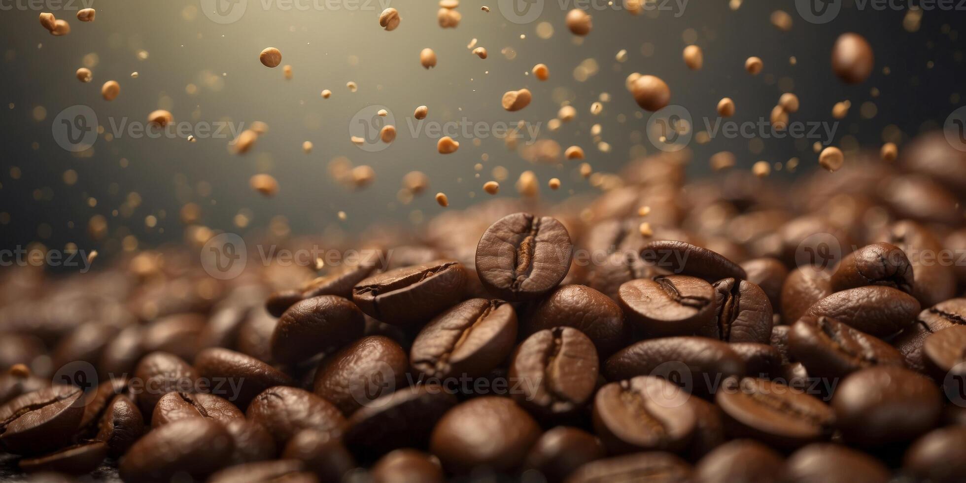 Close-up of coffee beans floating with burst of particles. photo