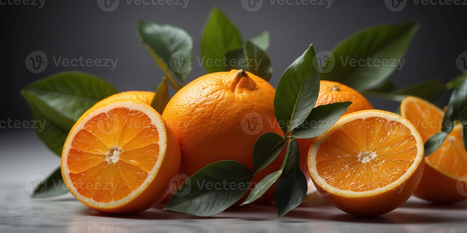 Bright citrus composition with sliced oranges fresh leaves. photo