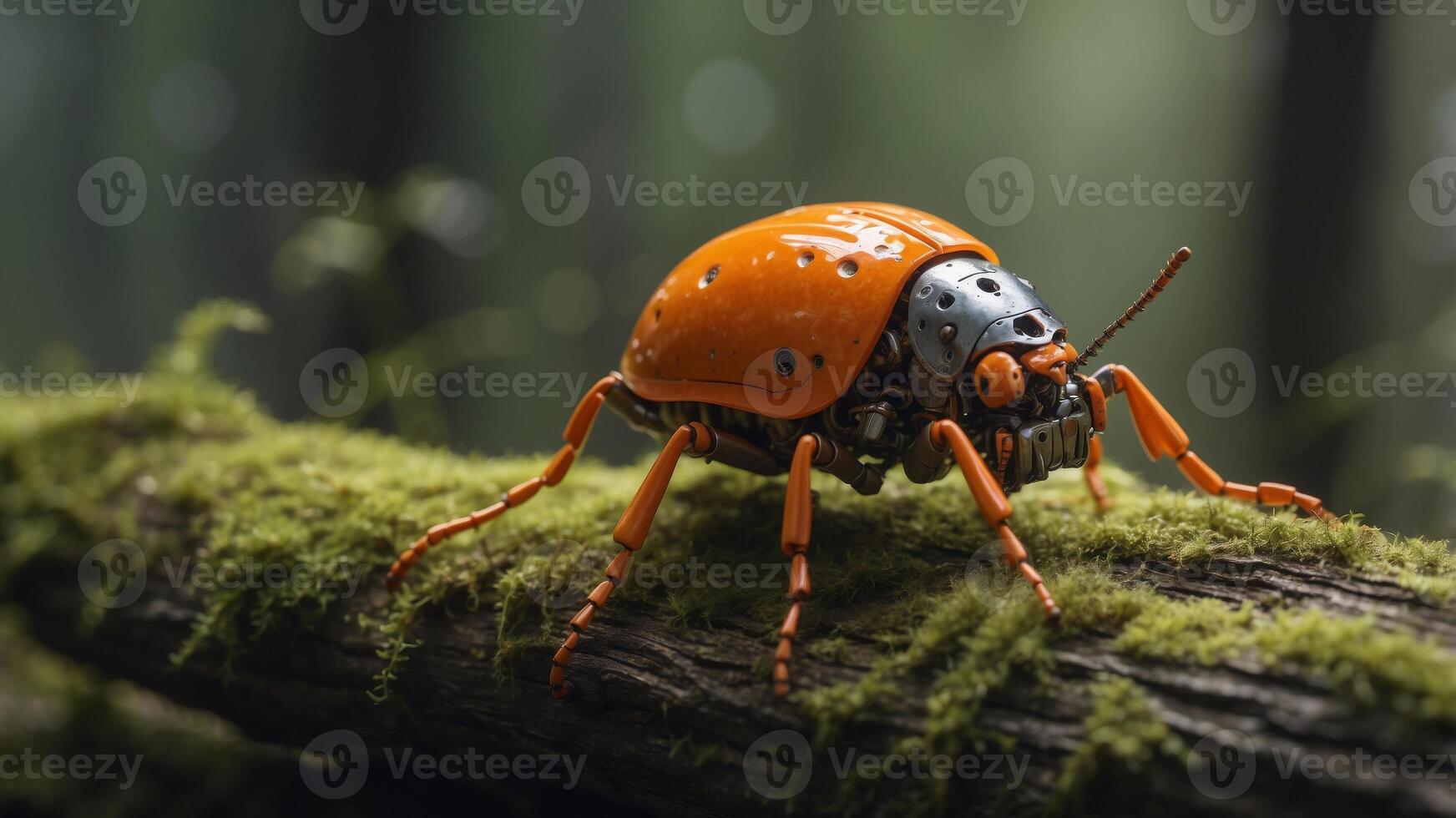 A robotic beetle with a shiny orange exoskeleton is perched on a mossy log in the forest. photo