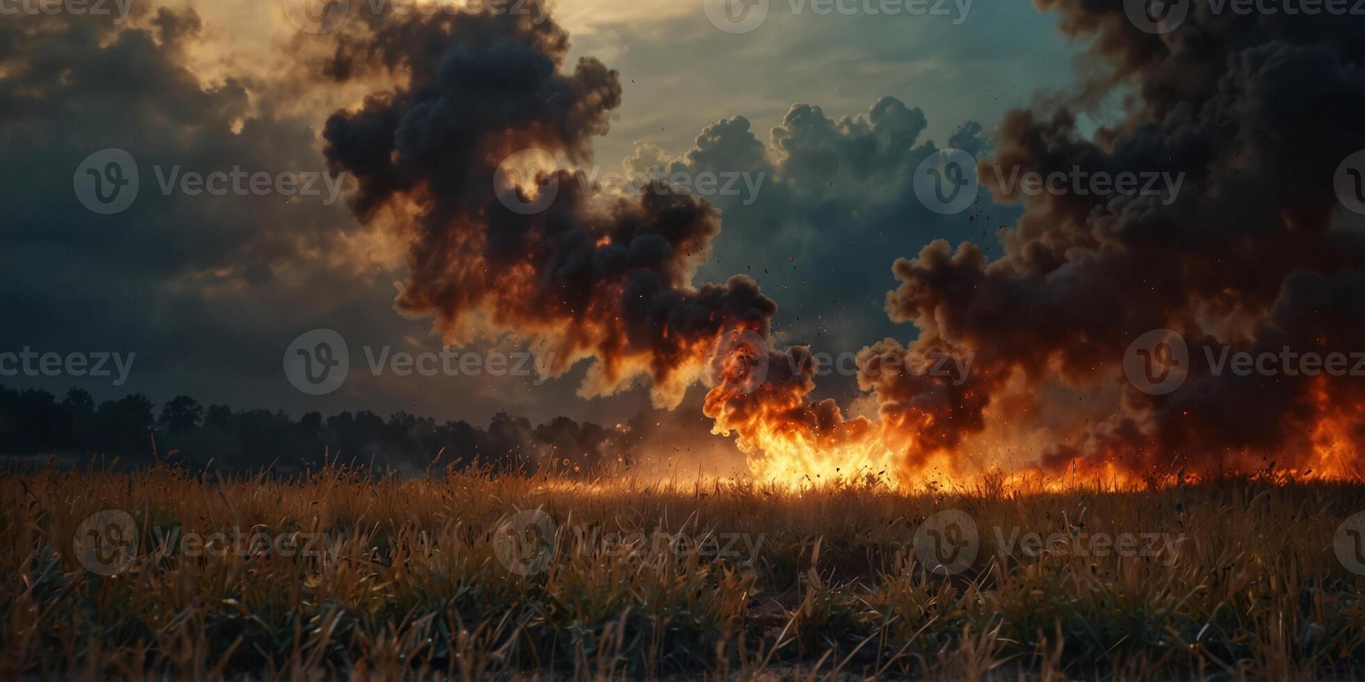 A field engulfed in flames with smoke billowing into the sky. photo
