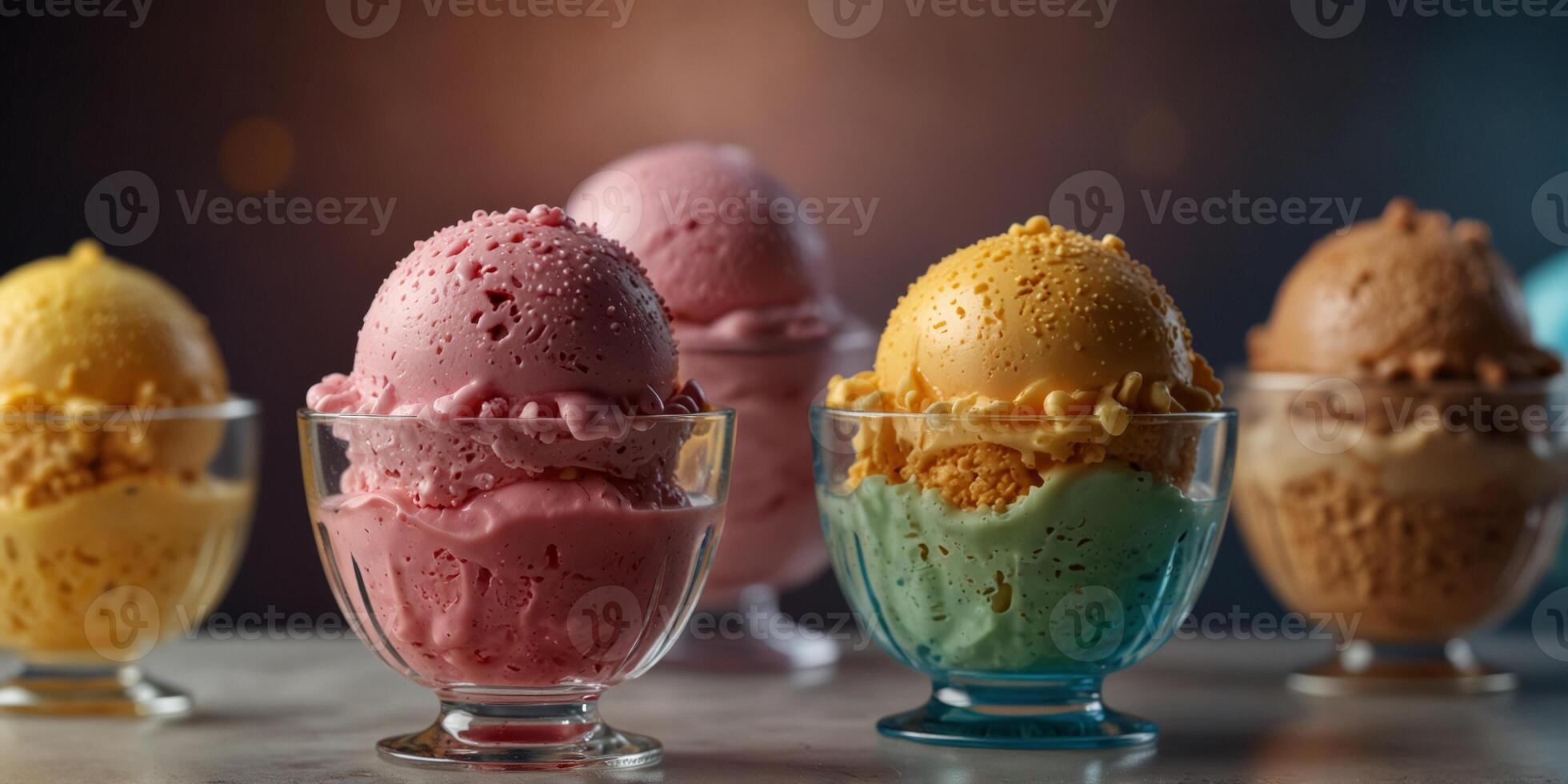 Assorted ice cream scoops in elegant glass dishes. photo