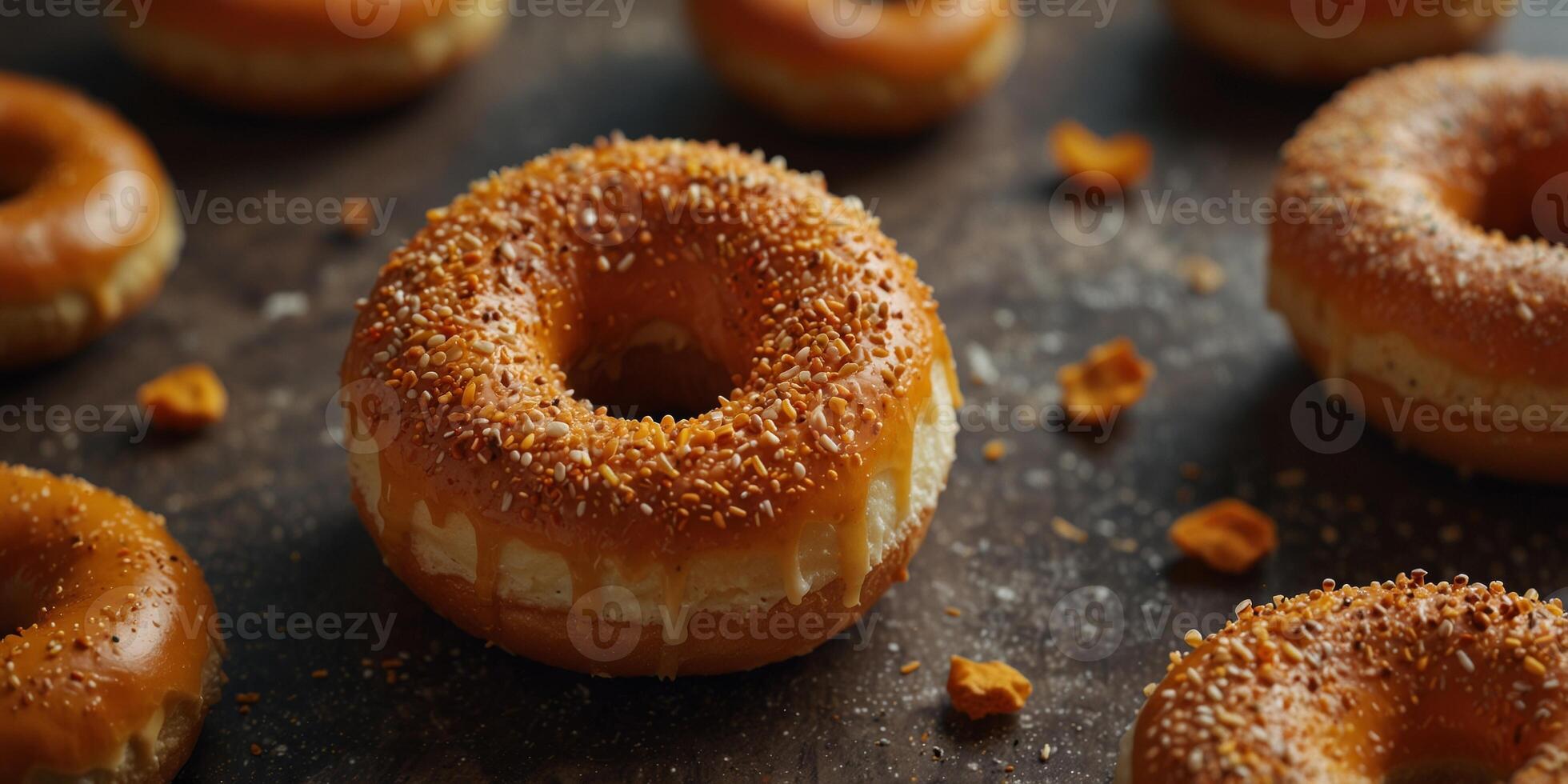 A doughnut with icing that mimics the appearance of an autumn pumpkin. photo