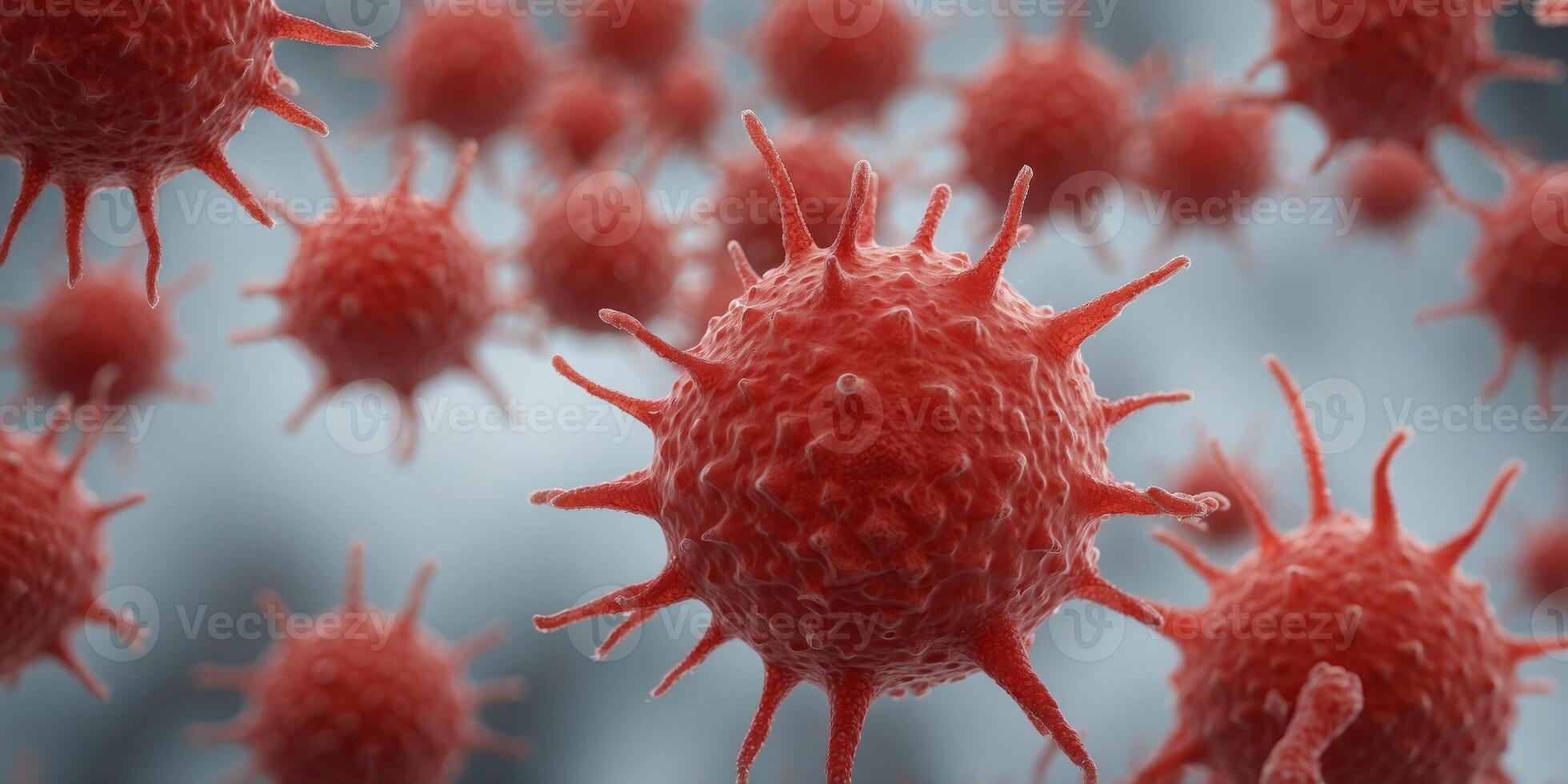 Close-up of red virus cells microscopic view. photo