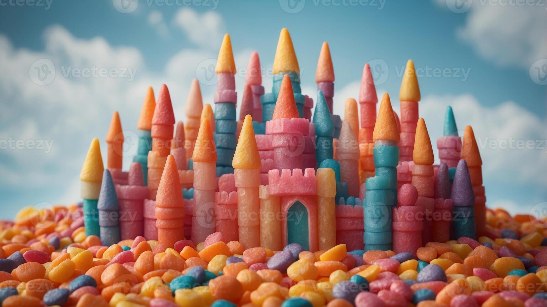 A vibrant castle constructed from a variety of candies. photo