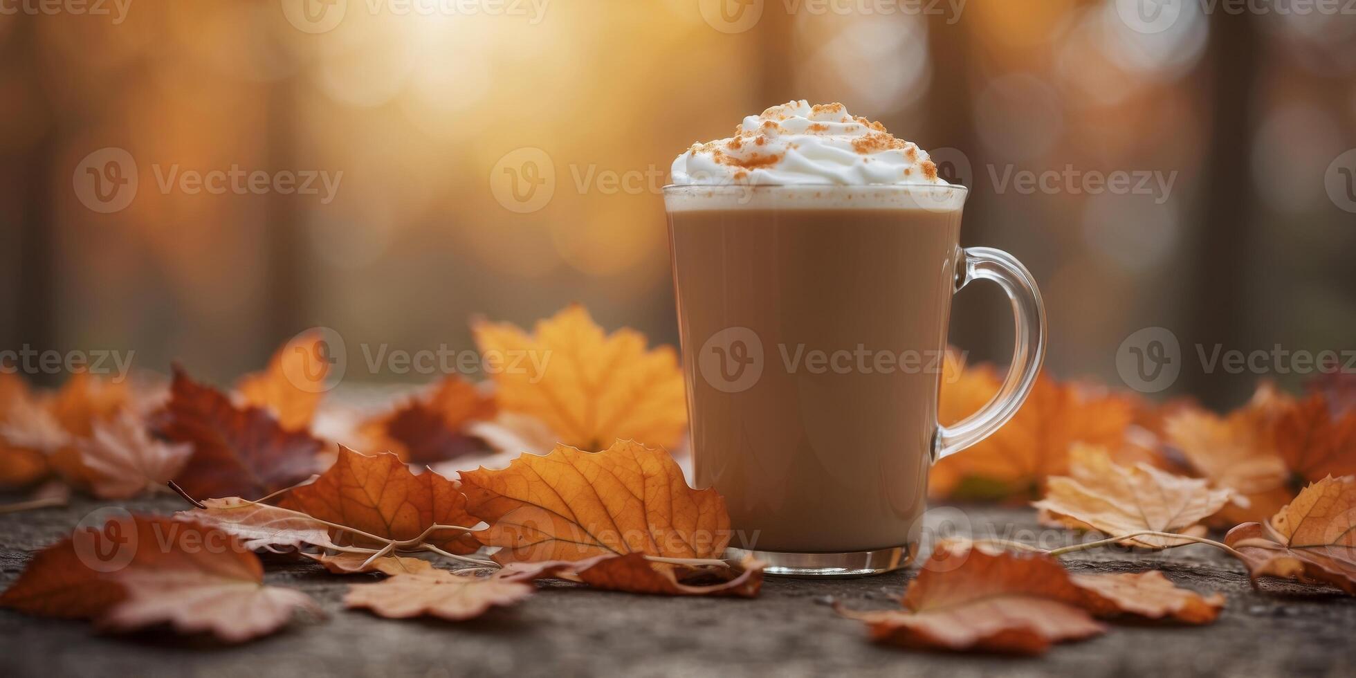 Autumnal pumpkin spiced latte surrounded fall leaves. photo