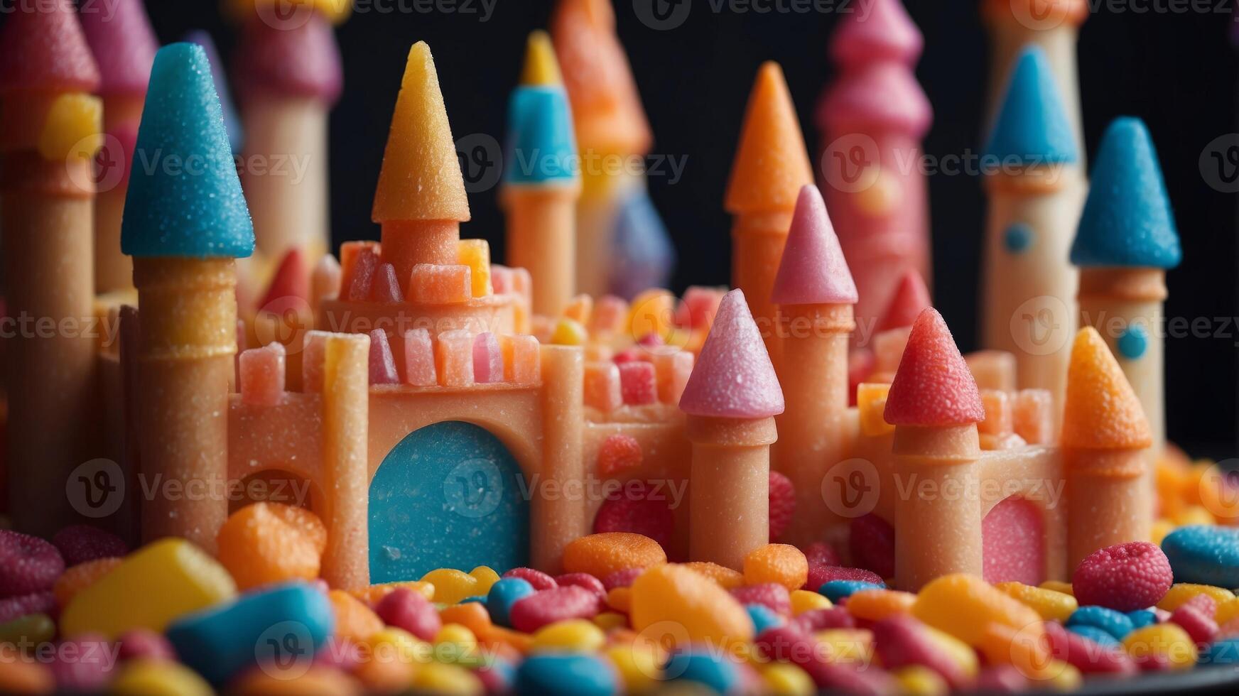 A vibrant castle constructed from a variety of candies. photo