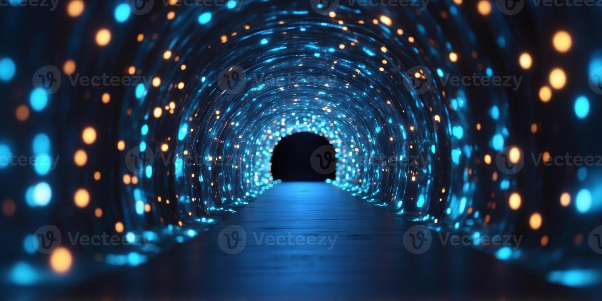 Abstract digital tunnel with glowing blue lights. photo