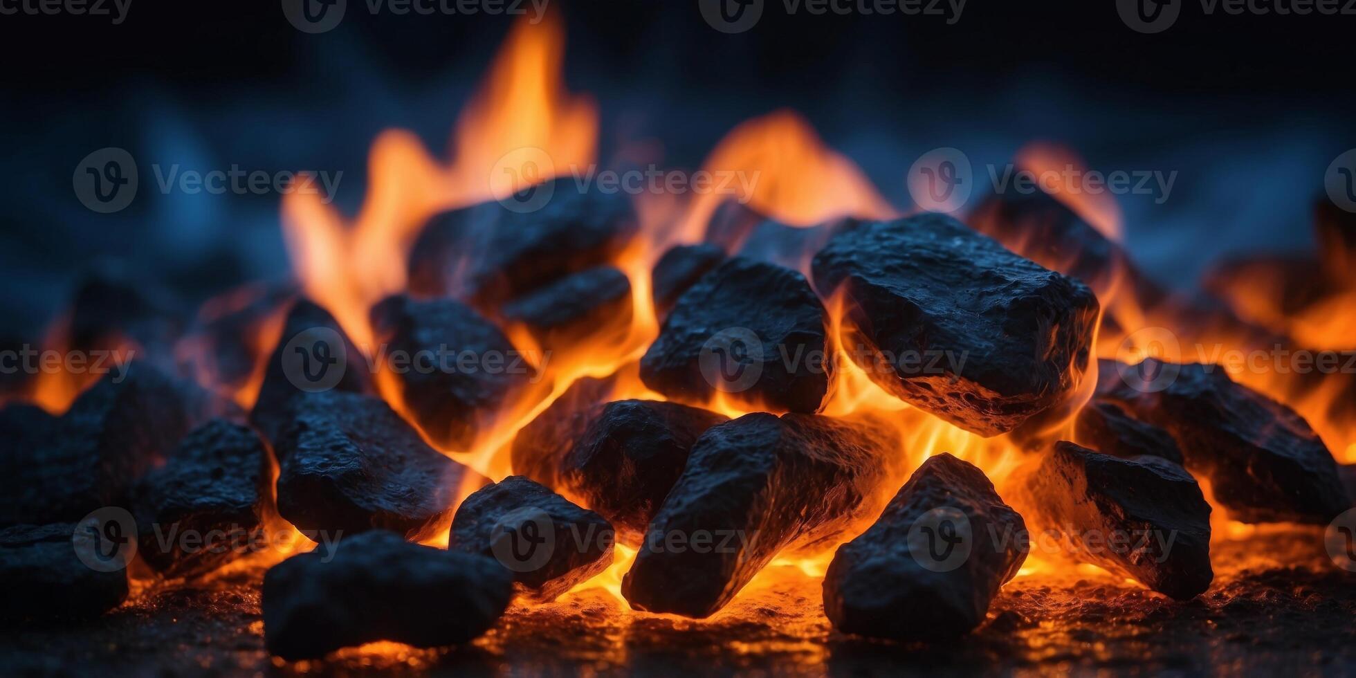 Blue hot coals glow brightly as flames dance around them. photo