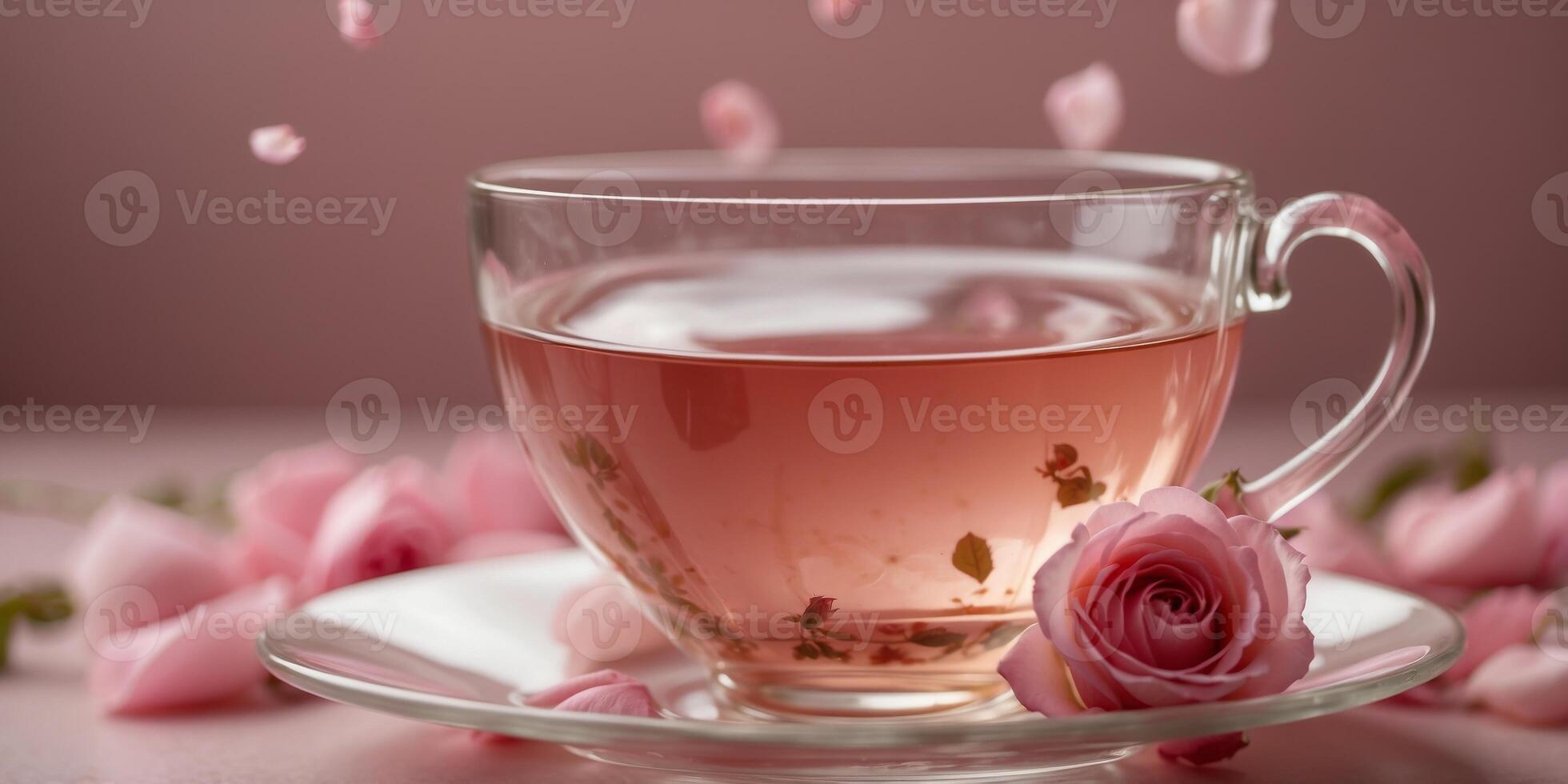 A glass teacup filled with pink rose tea sits on a saucer surrounded by pink rose petals on a pink background Some petals are falling from above. photo