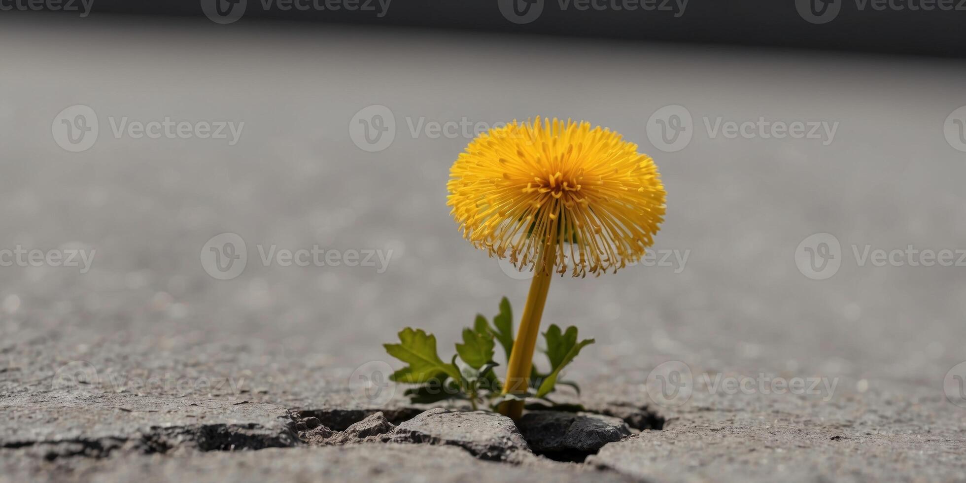 A yellow dandelion blooms from a crack in a concrete surface. photo